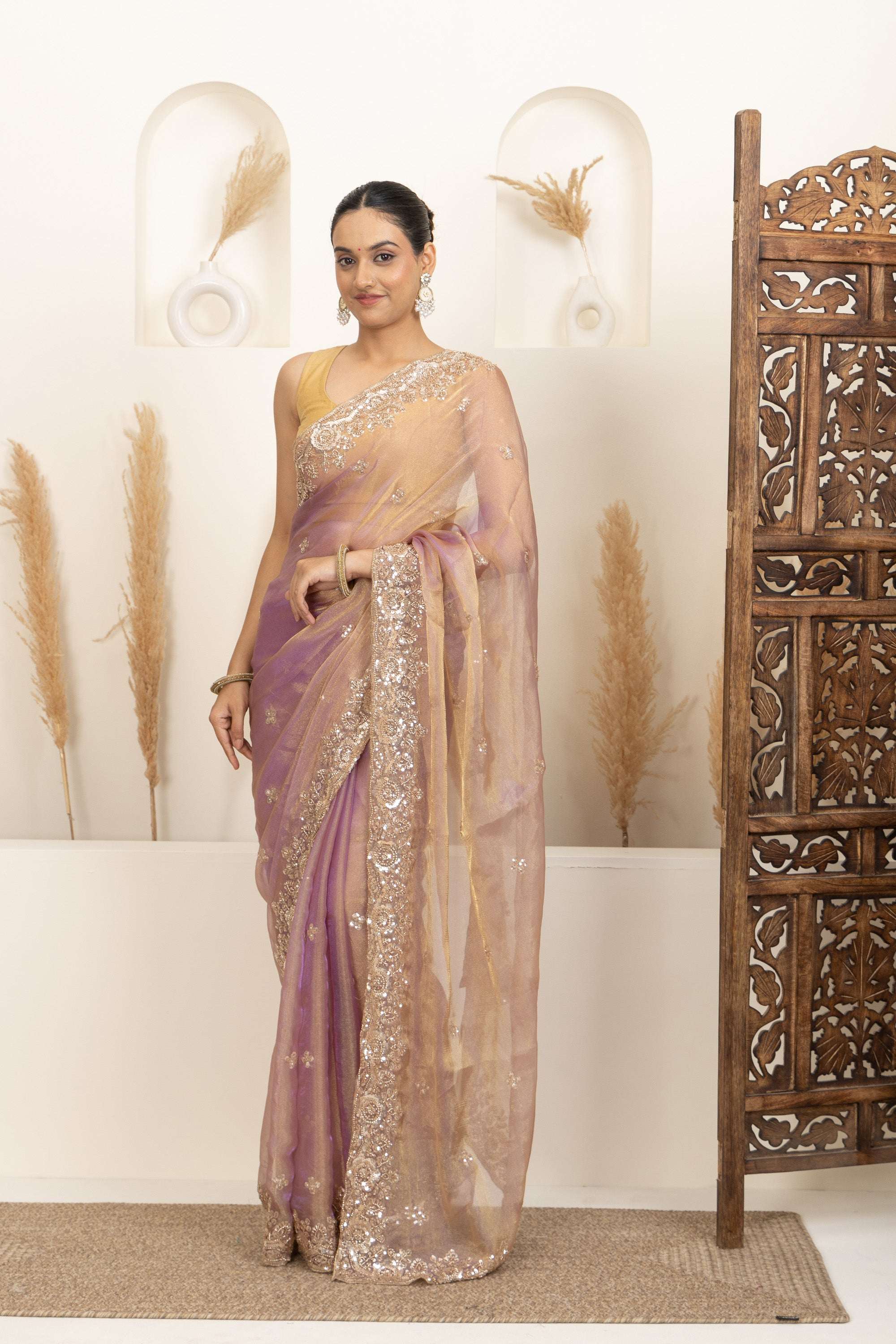 Blush Gold Organza Saree with Lavender Undertones