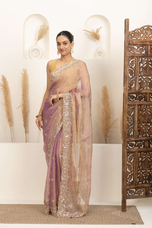 Blush Gold Organza Saree with Lavender Undertones