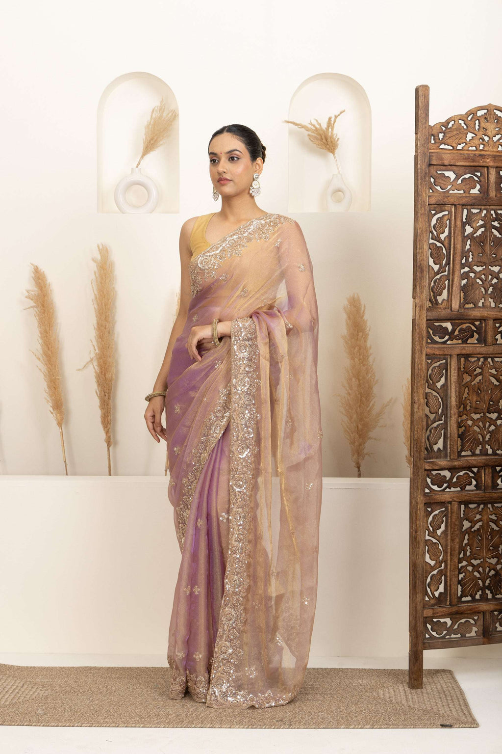 Blush Gold Organza Saree with Lavender Undertones