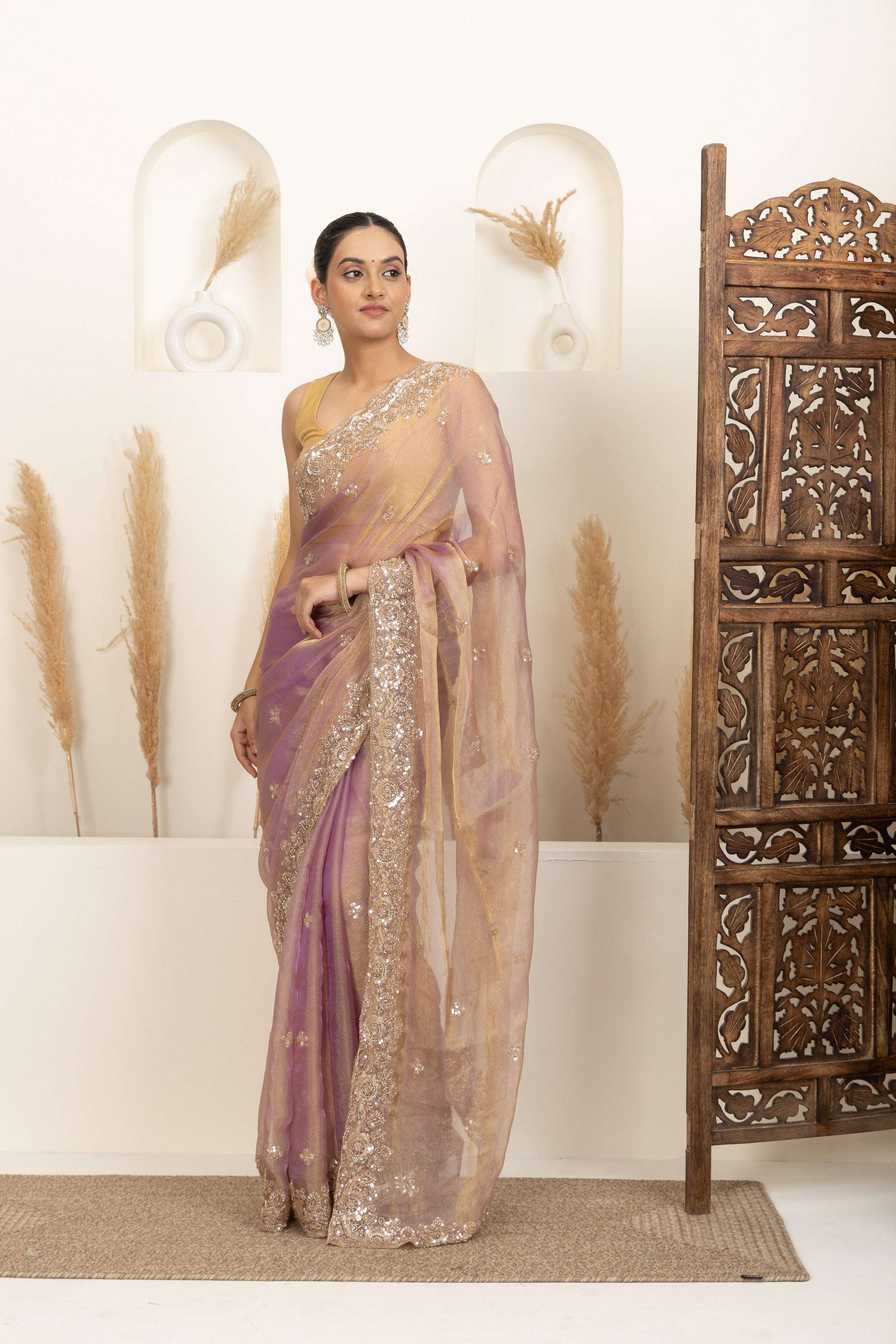 Blush Gold Organza Saree with Lavender Undertones