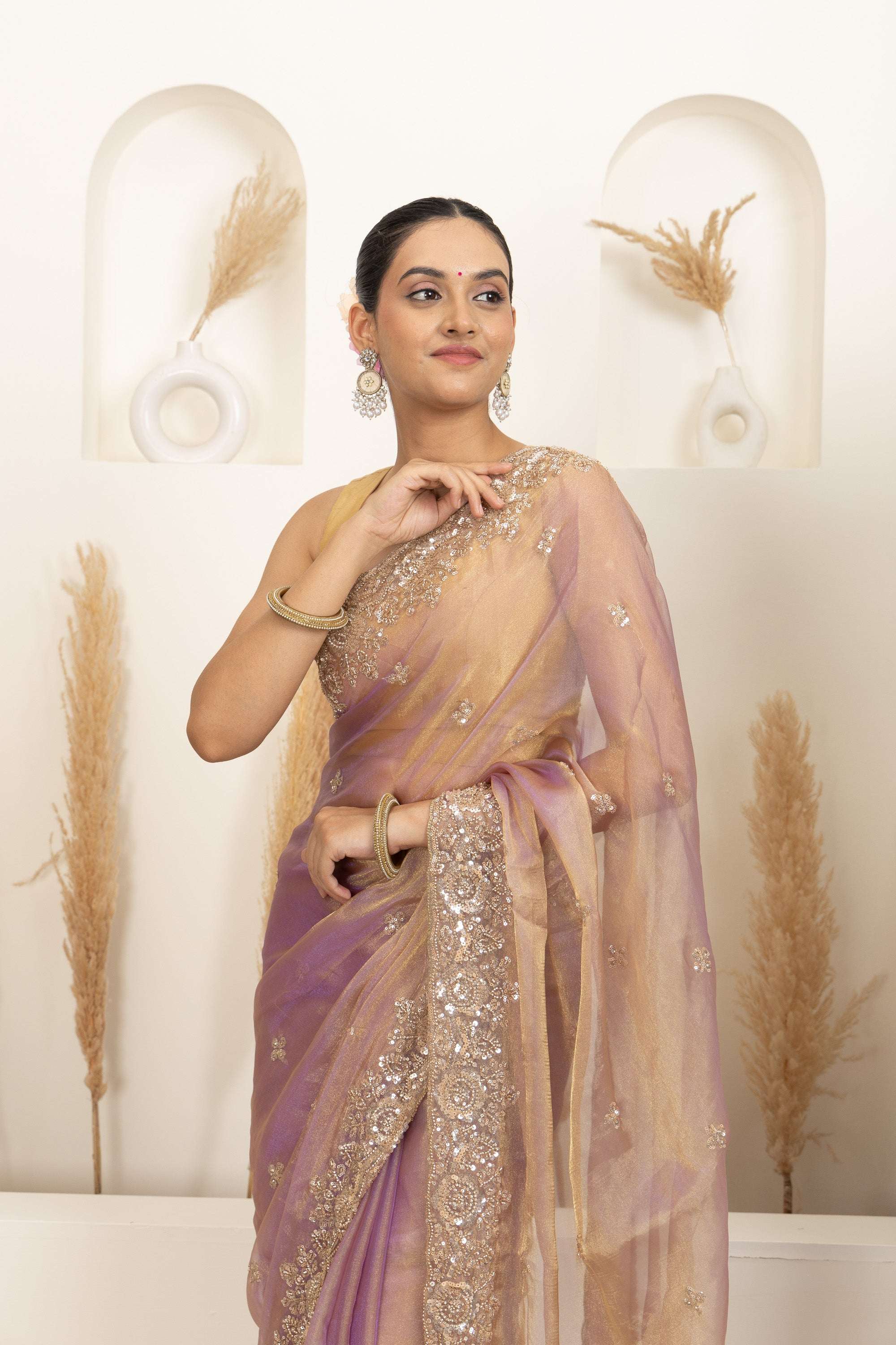Blush Gold Organza Saree with Lavender Undertones