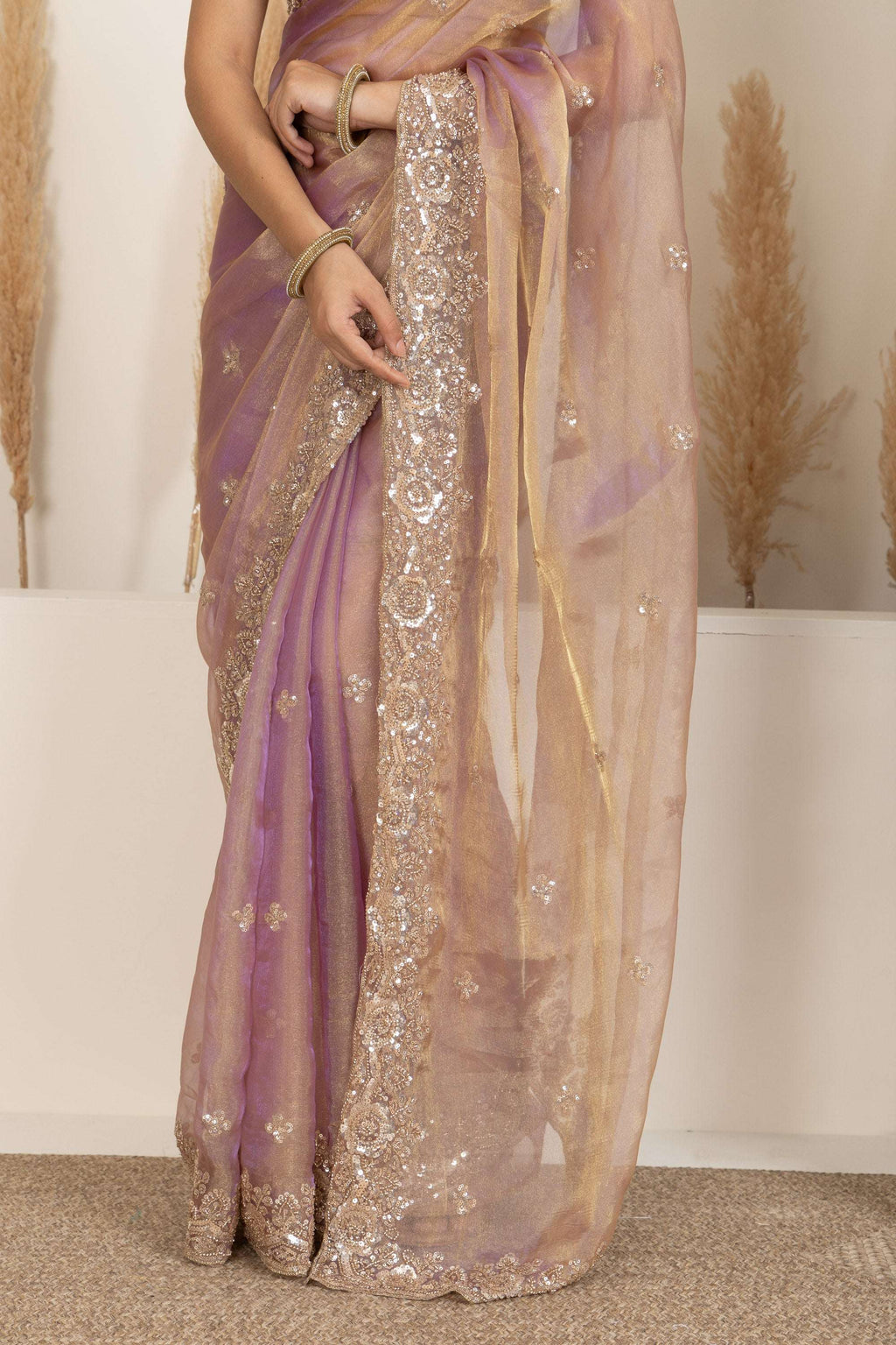Blush Gold Organza Saree with Lavender Undertones