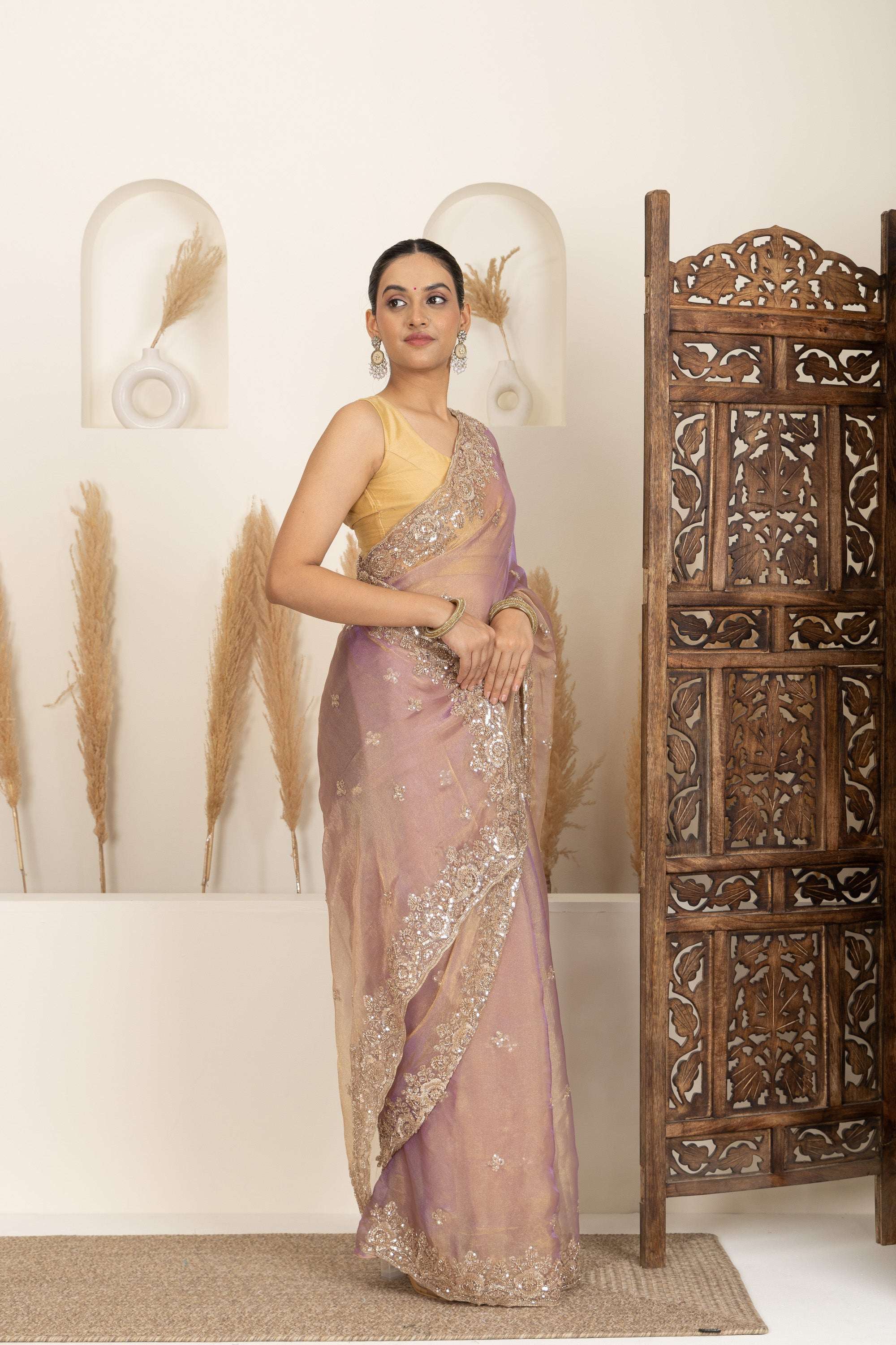 Blush Gold Organza Saree with Lavender Undertones
