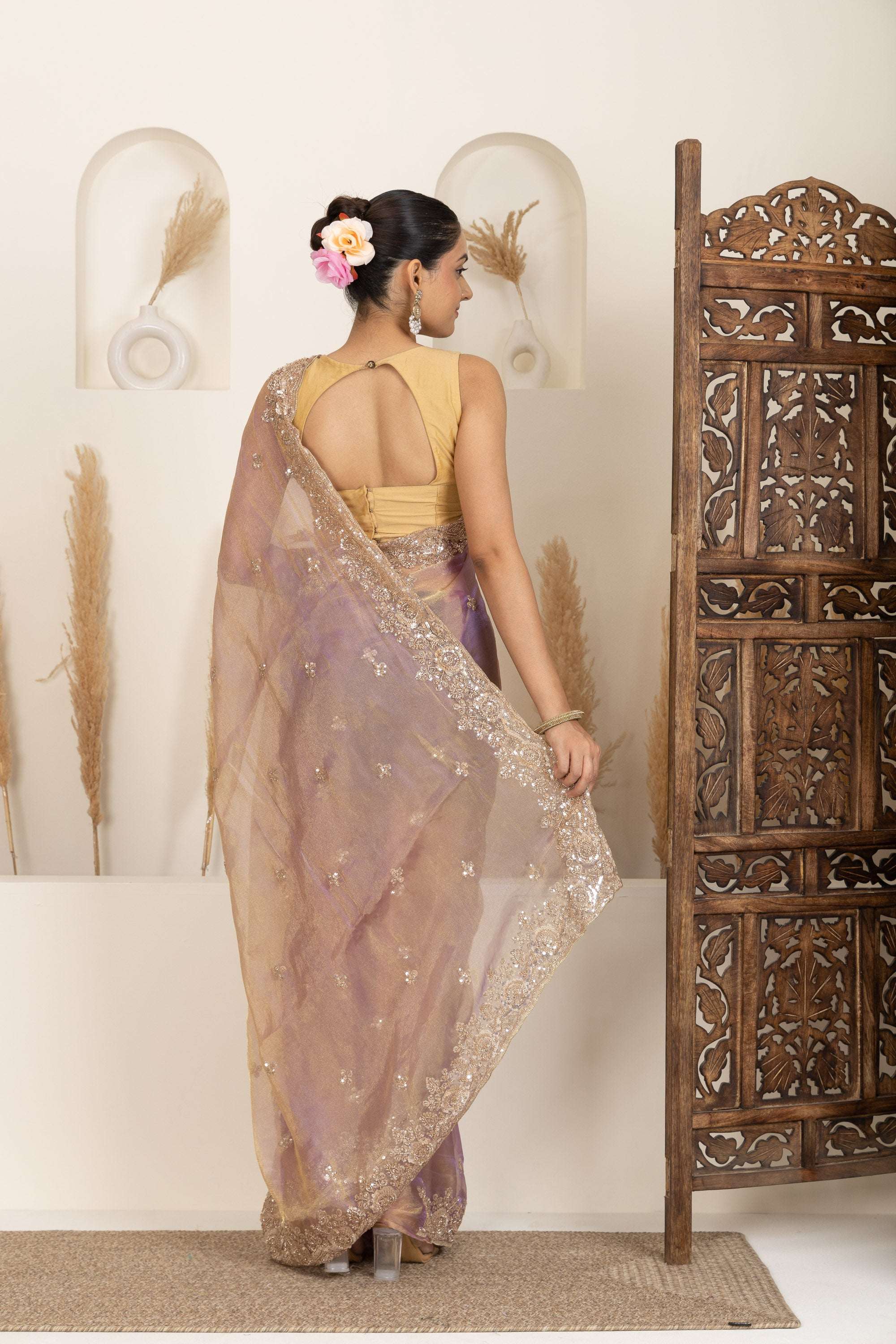 Blush Gold Organza Saree with Lavender Undertones
