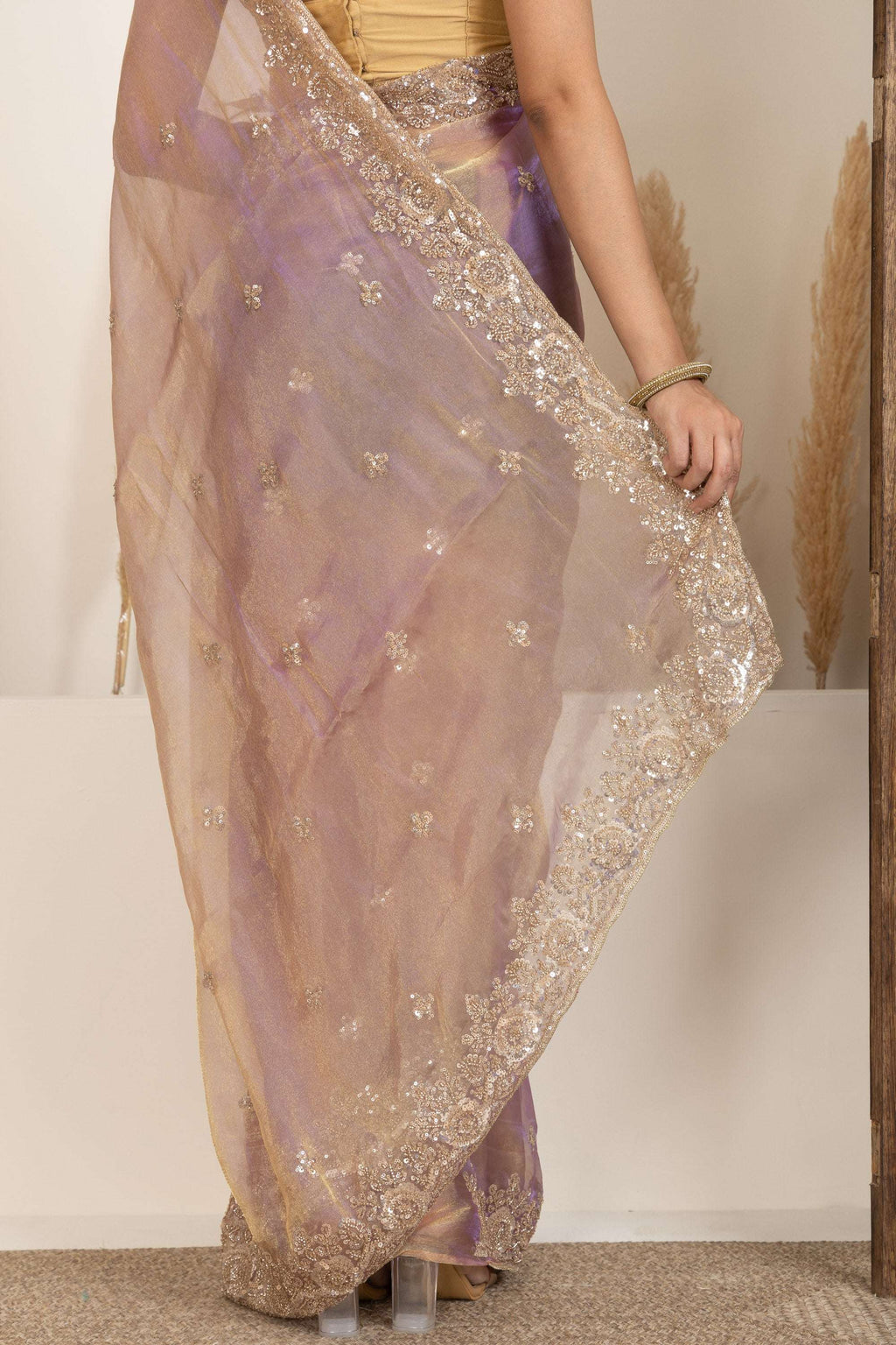 Blush Gold Organza Saree with Lavender Undertones