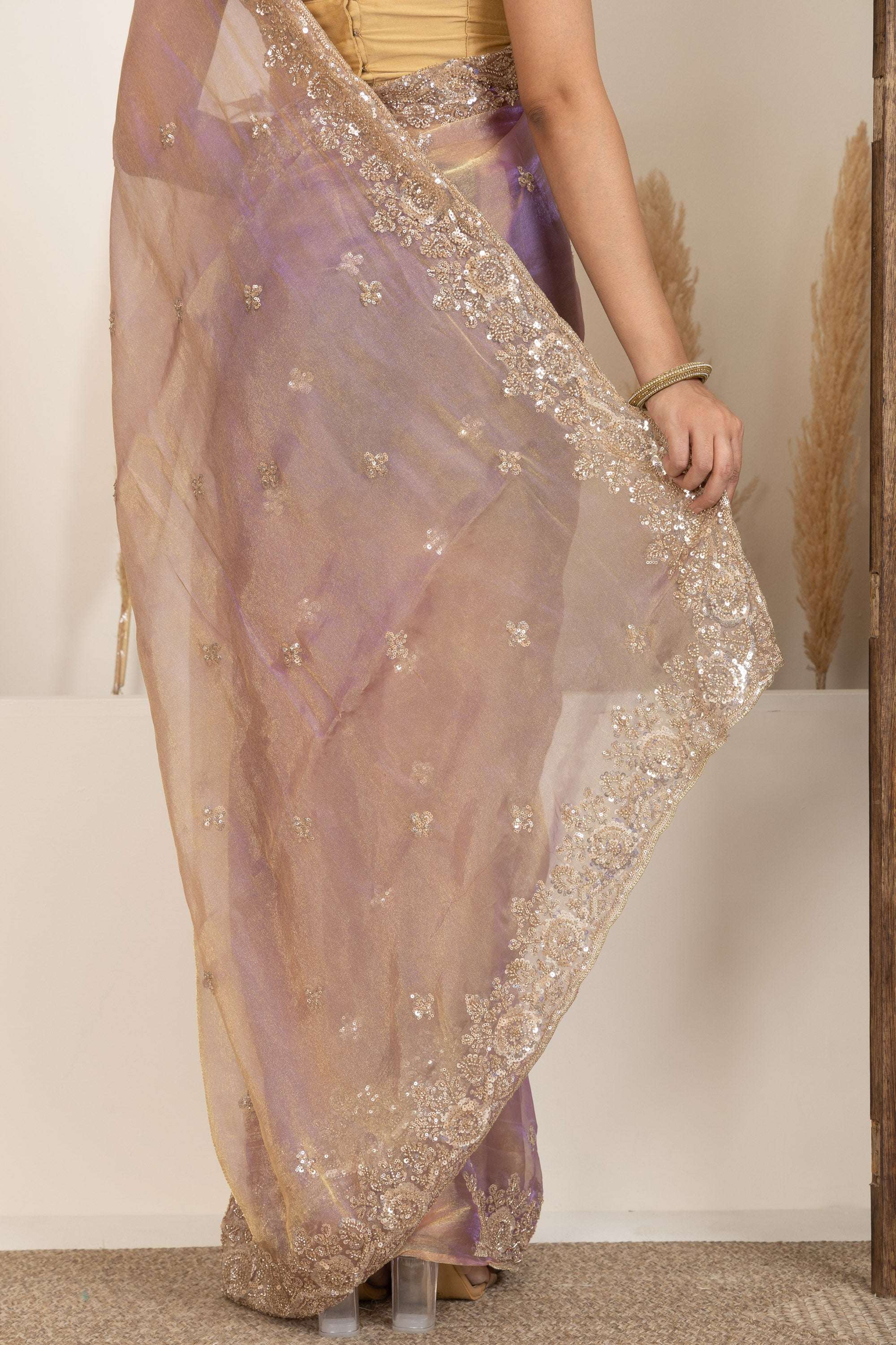 Blush Gold Organza Saree with Lavender Undertones