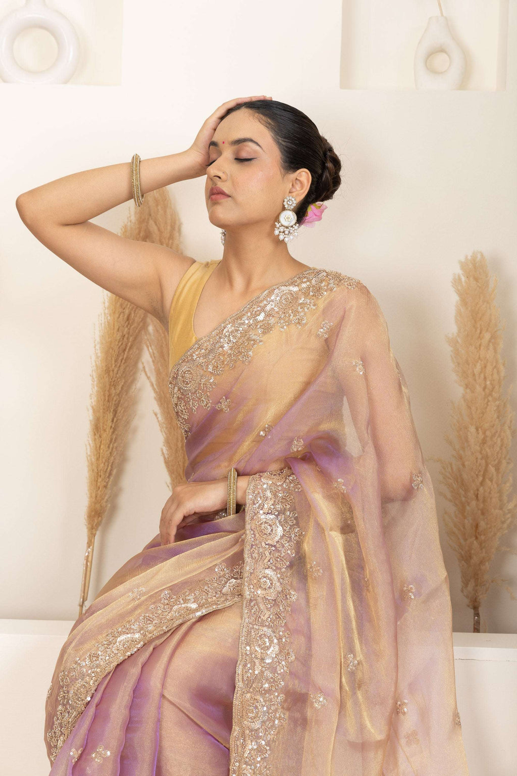 Blush Gold Organza Saree with Lavender Undertones