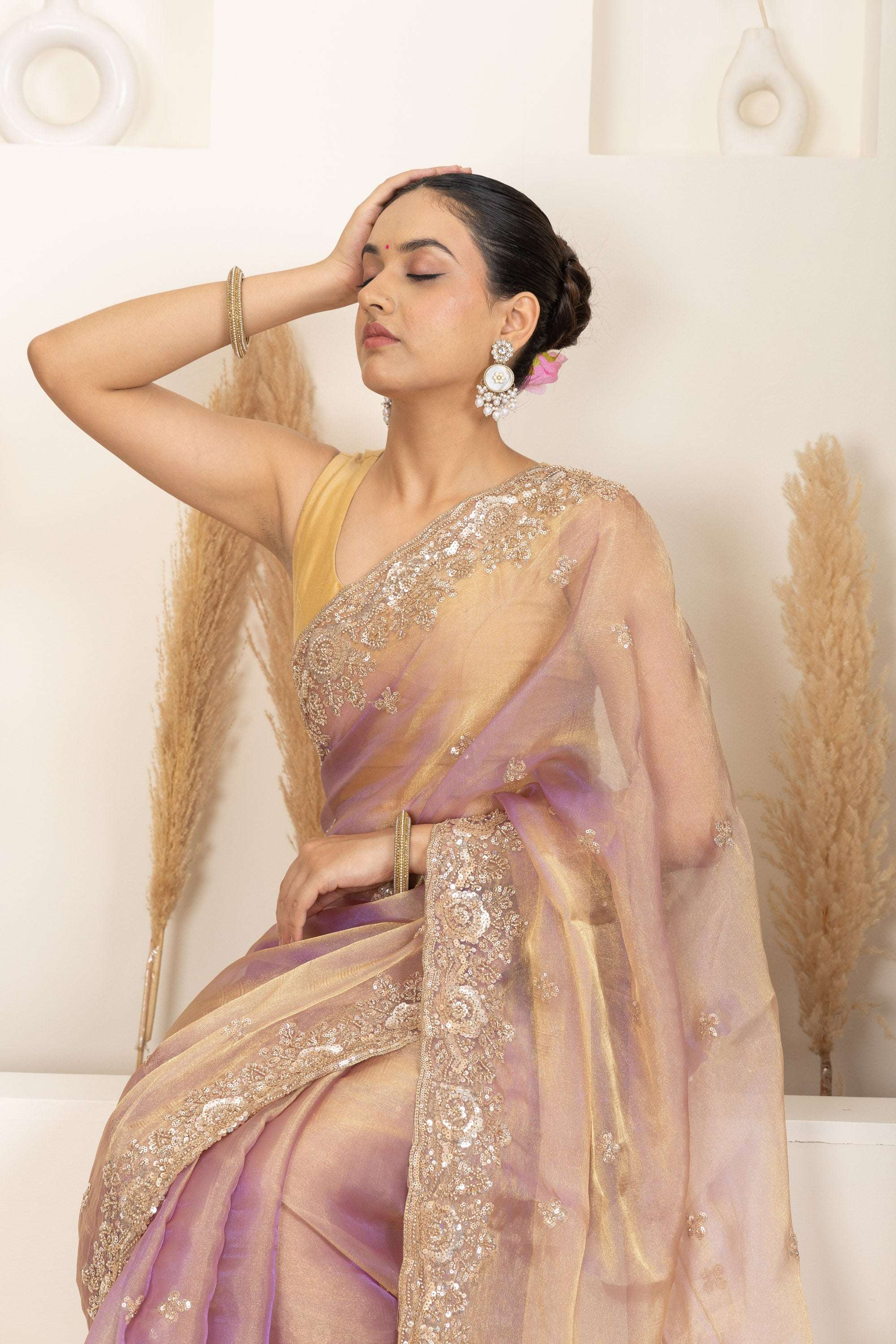 Blush Gold Organza Saree with Lavender Undertones