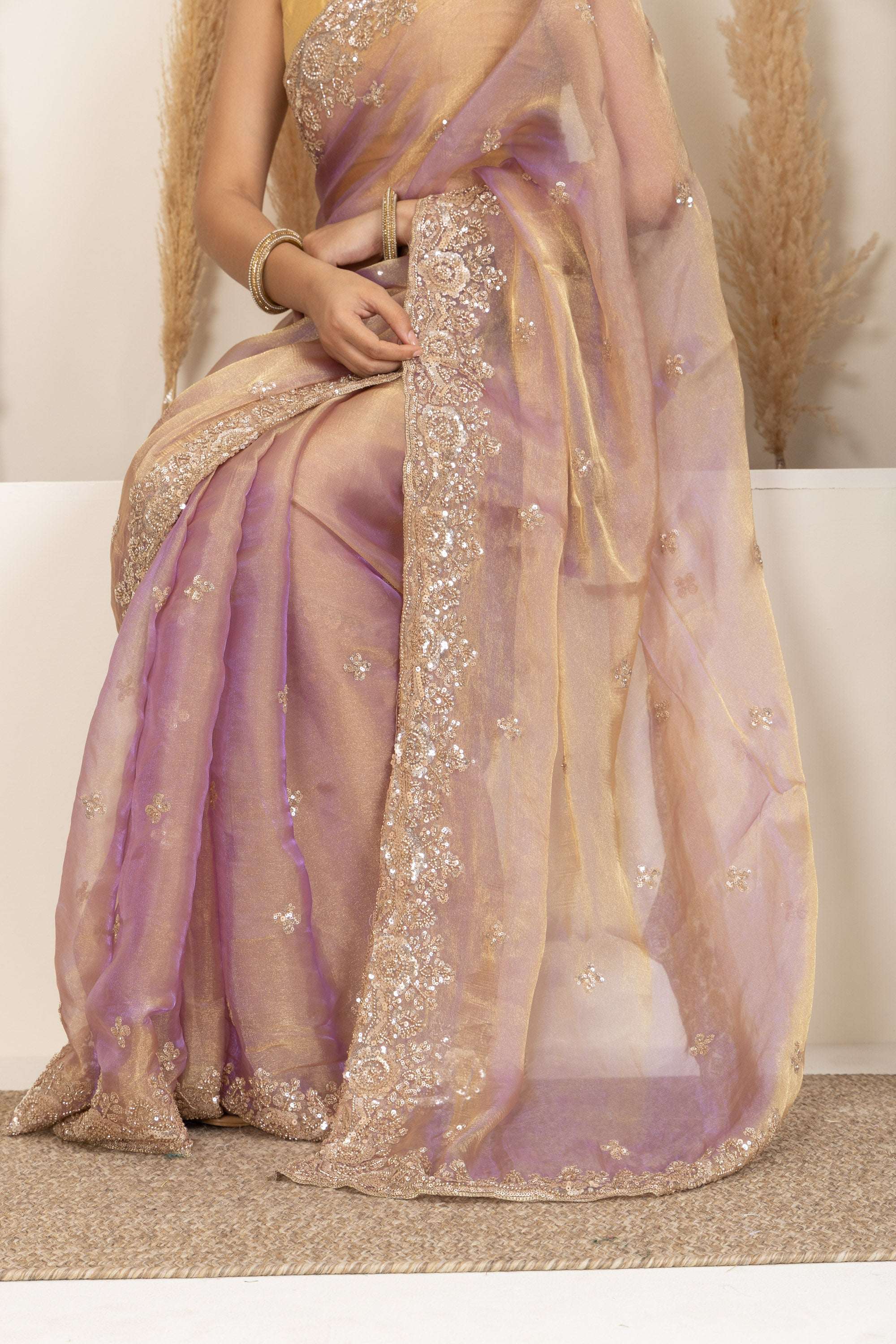 Blush Gold Organza Saree with Lavender Undertones
