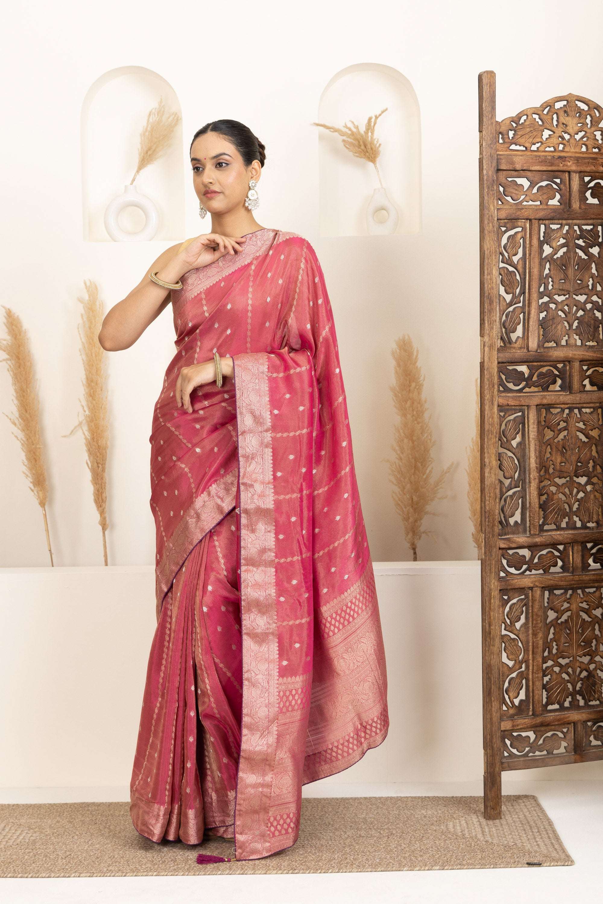 Dark Rose Pink Saree with Gold Zari Accents