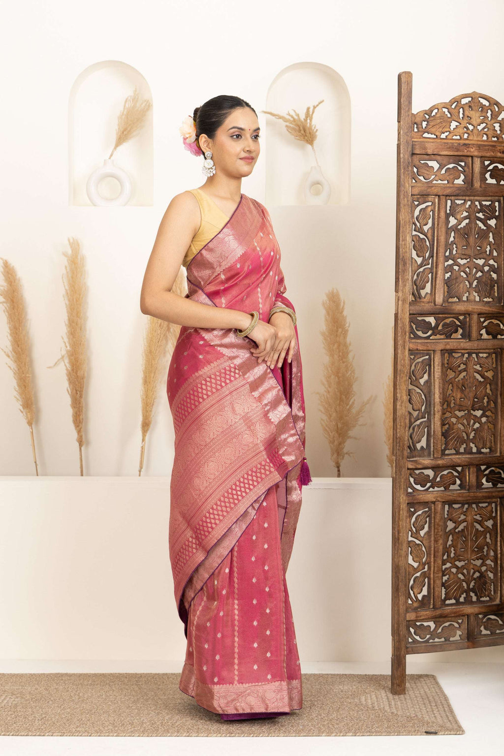 Dark Rose Pink Saree with Gold Zari Accents