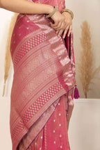 Dark Rose Pink Saree with Gold Zari Accents