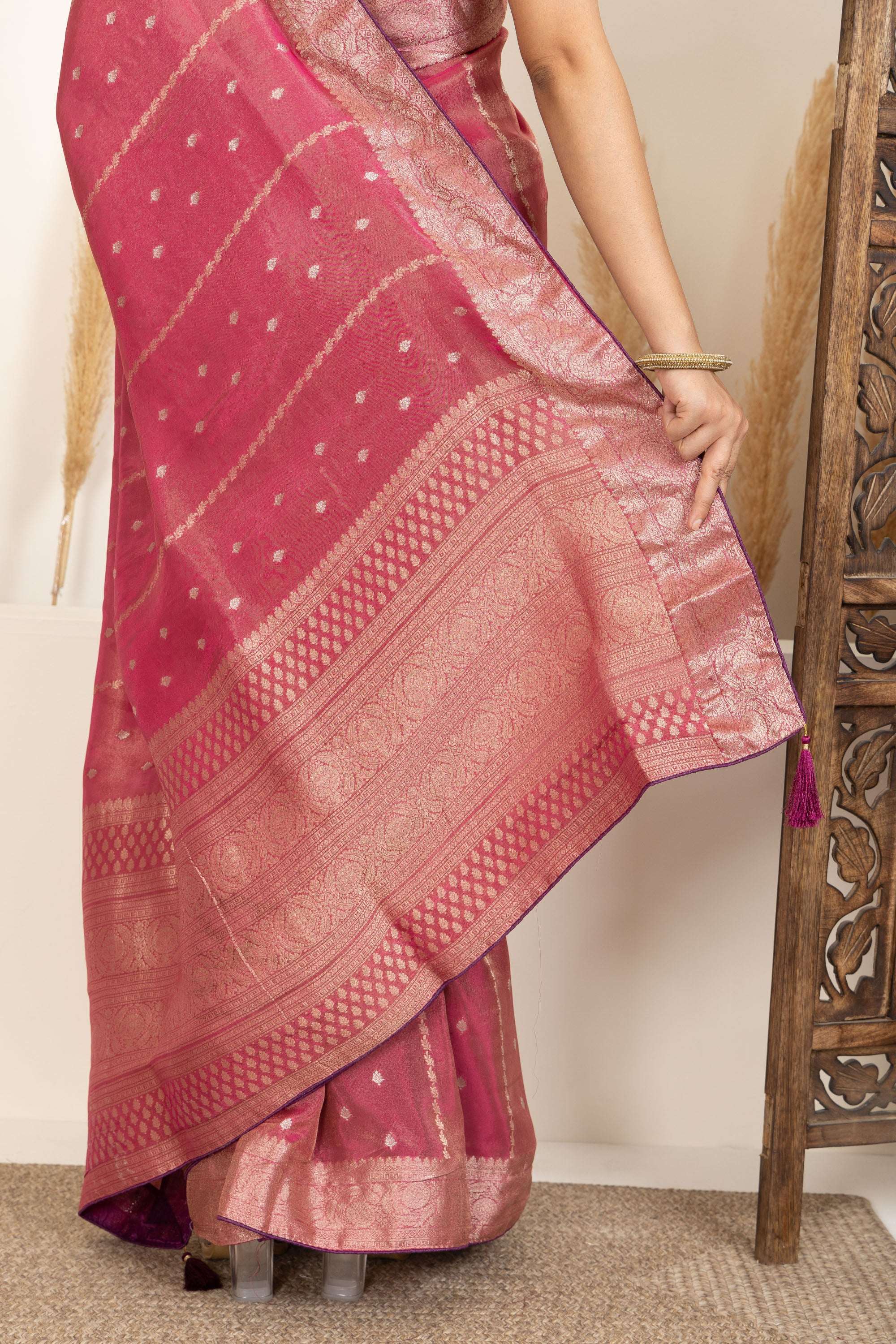 Dark Rose Pink Saree with Gold Zari Accents