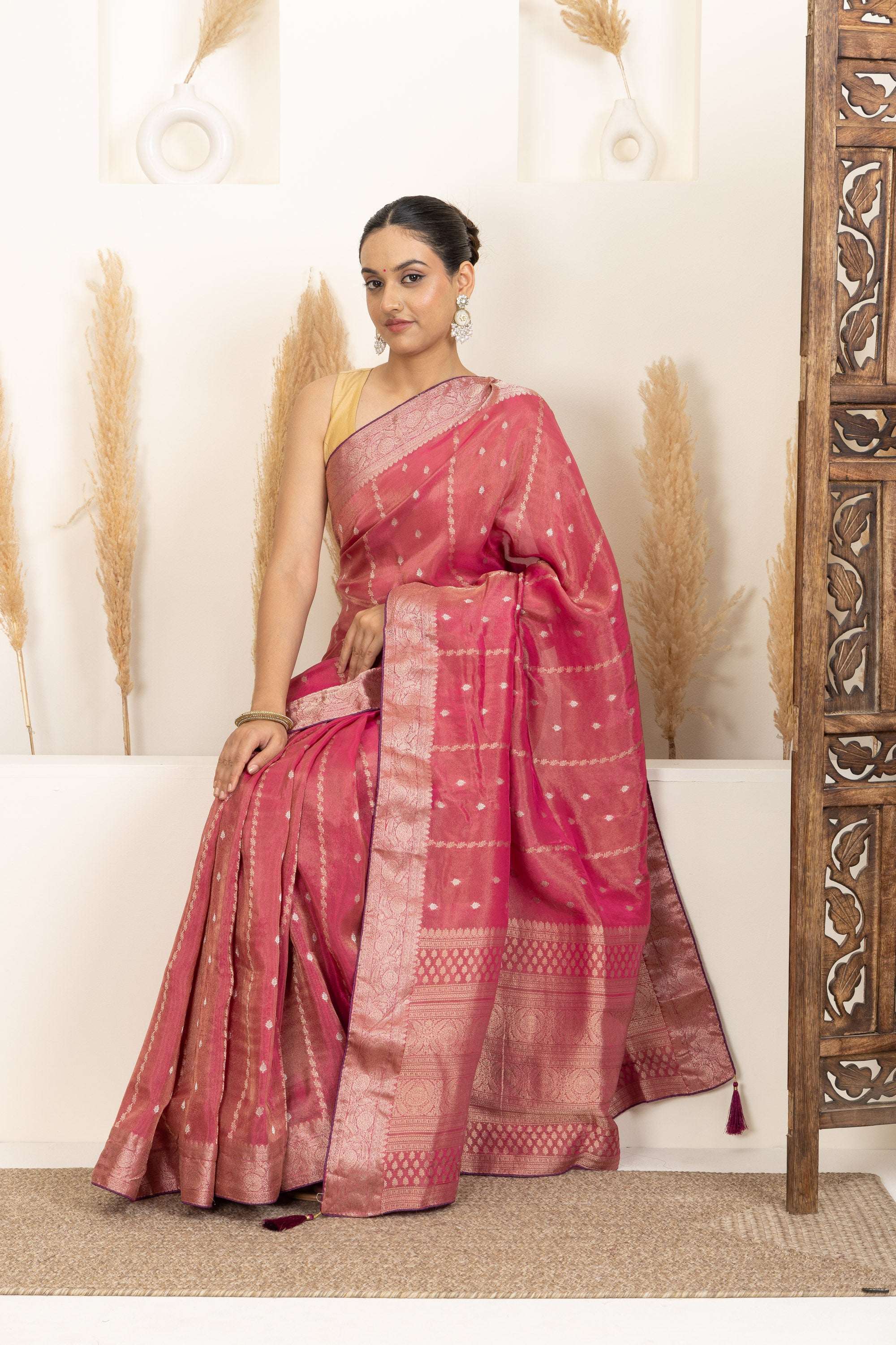 Dark Rose Pink Saree with Gold Zari Accents