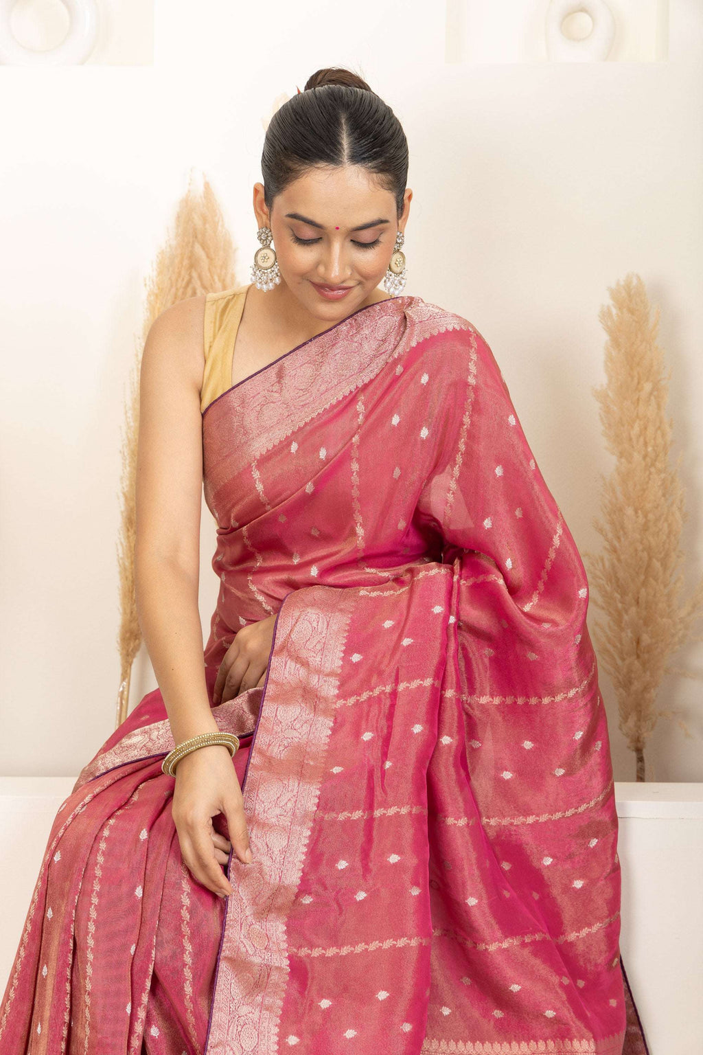 Dark Rose Pink Saree with Gold Zari Accents