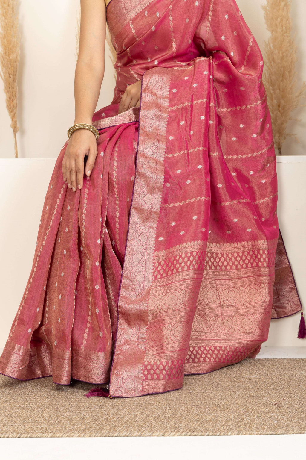 Dark Rose Pink Saree with Gold Zari Accents