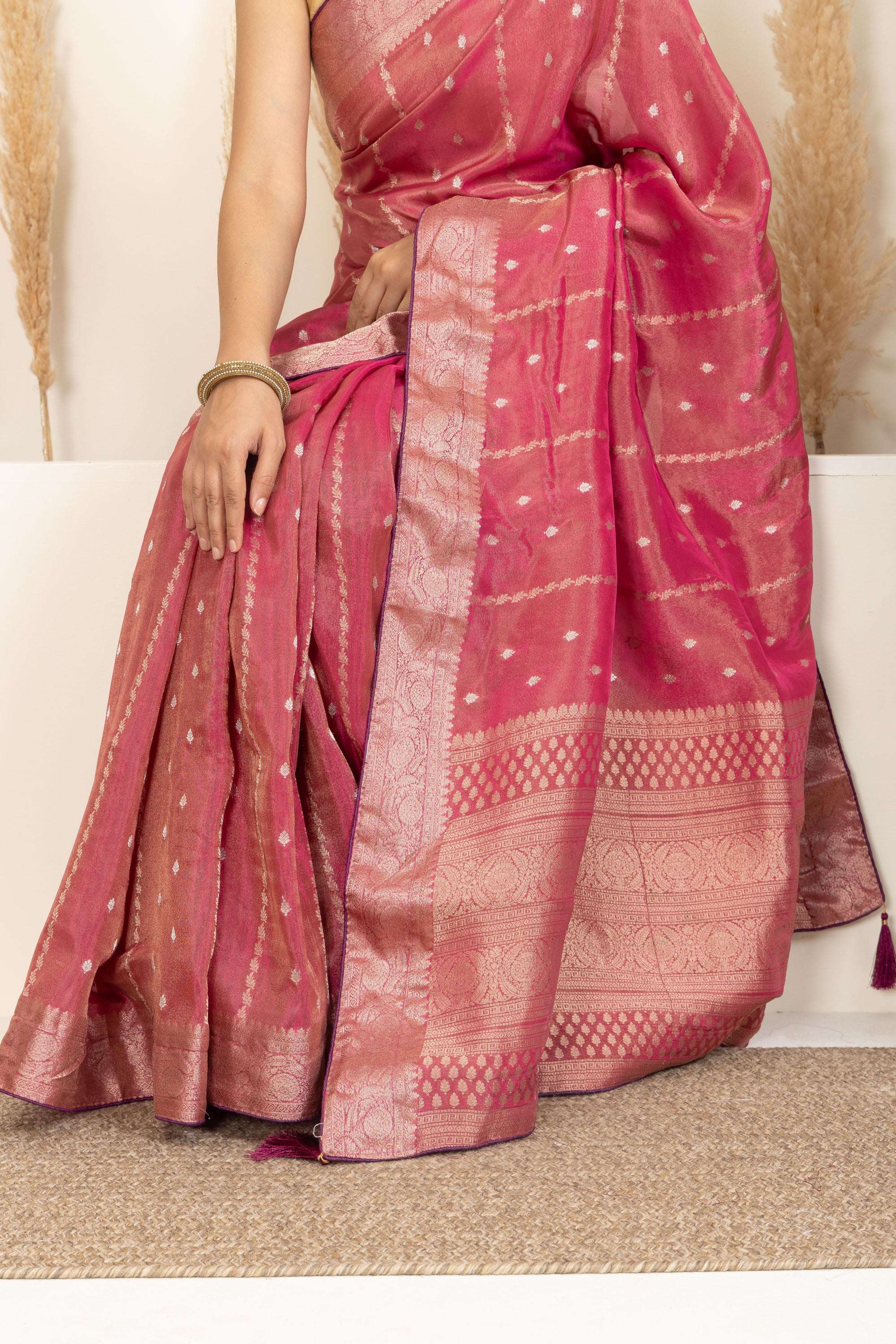 Dark Rose Pink Saree with Gold Zari Accents