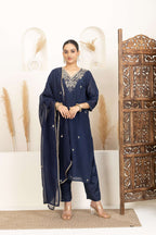 Navy Blue Suit Set with Subtle Gold Embroidery