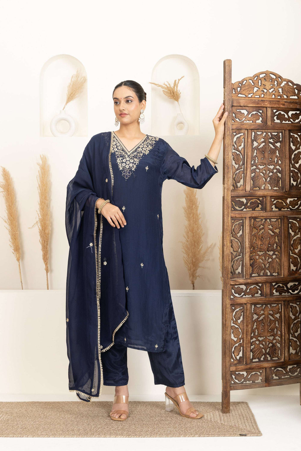 Navy Blue Suit Set with Subtle Gold Embroidery