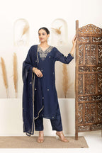 Navy Blue Suit Set with Subtle Gold Embroidery