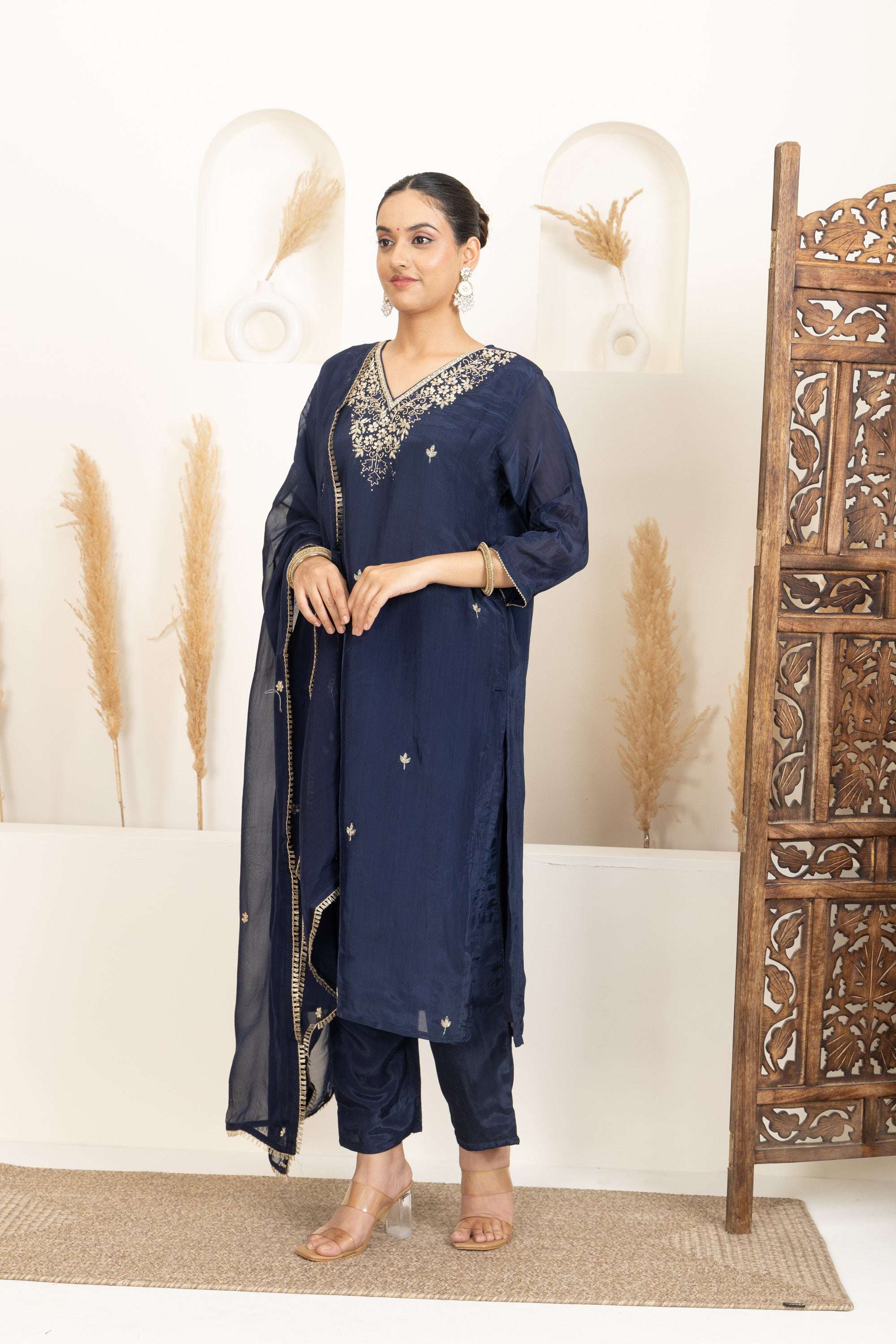 Navy Blue Suit Set with Subtle Gold Embroidery