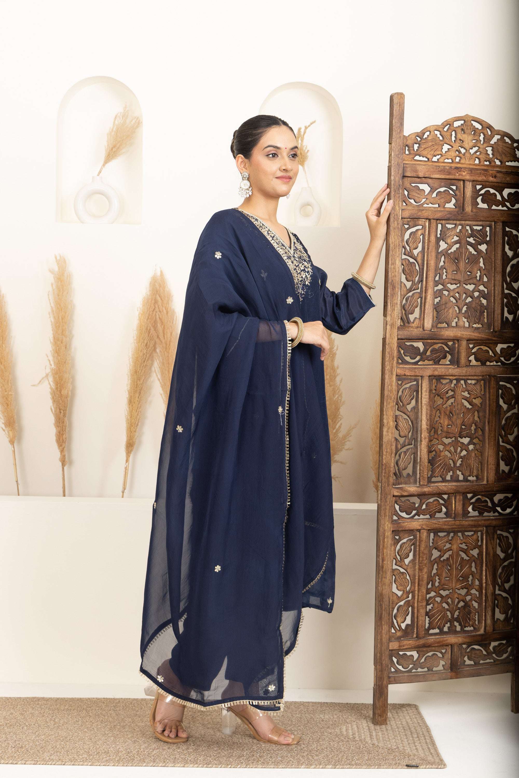 Navy Blue Suit Set with Subtle Gold Embroidery