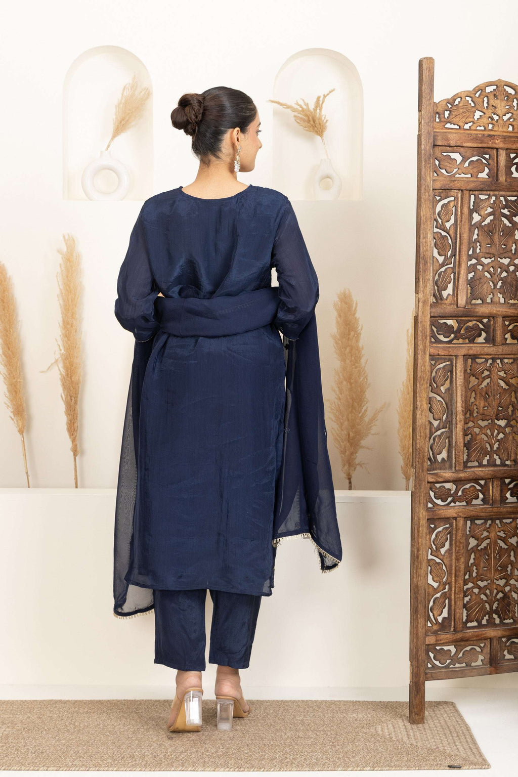 Navy Blue Suit Set with Subtle Gold Embroidery