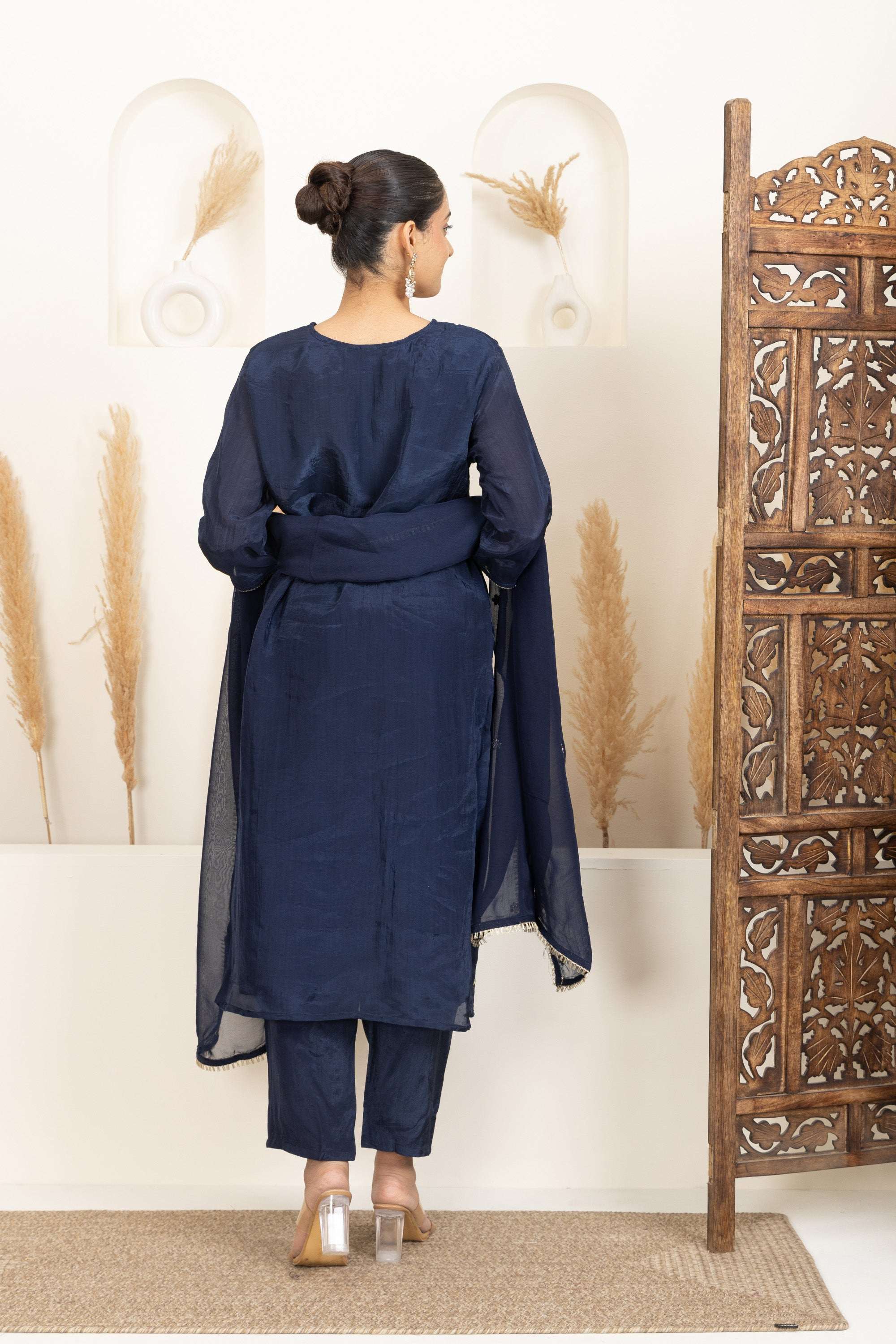Navy Blue Suit Set with Subtle Gold Embroidery