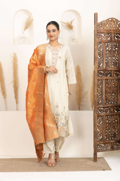 Cream Kurta Set with Statement Orange Banarasi Dupatta