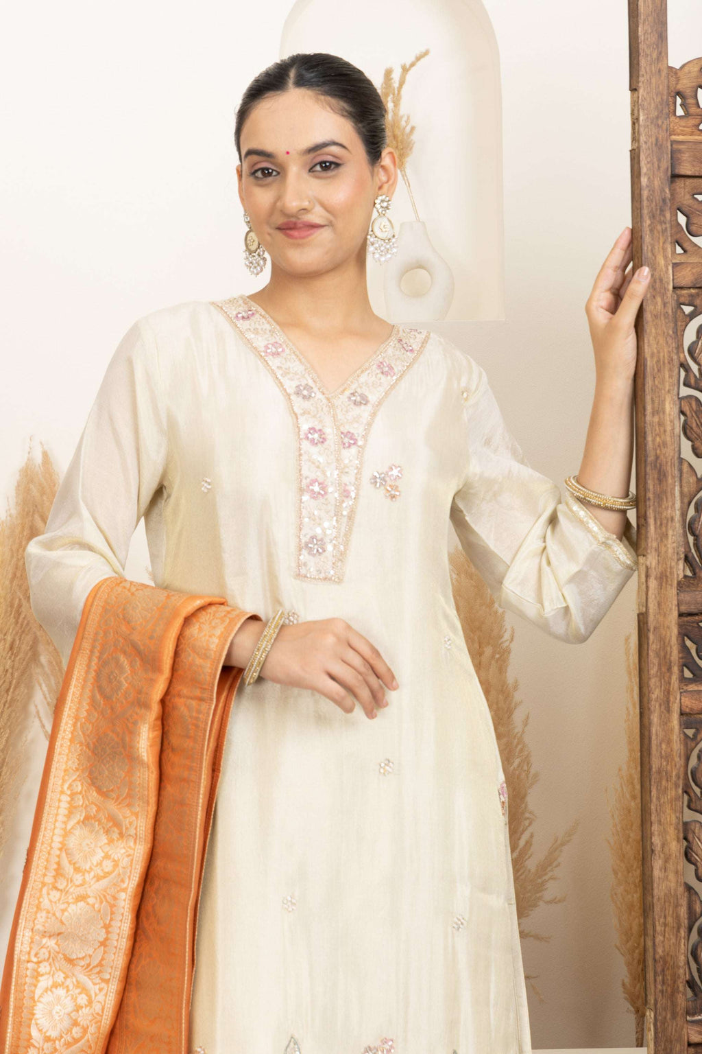 Cream Kurta Set with Statement Orange Banarasi Dupatta
