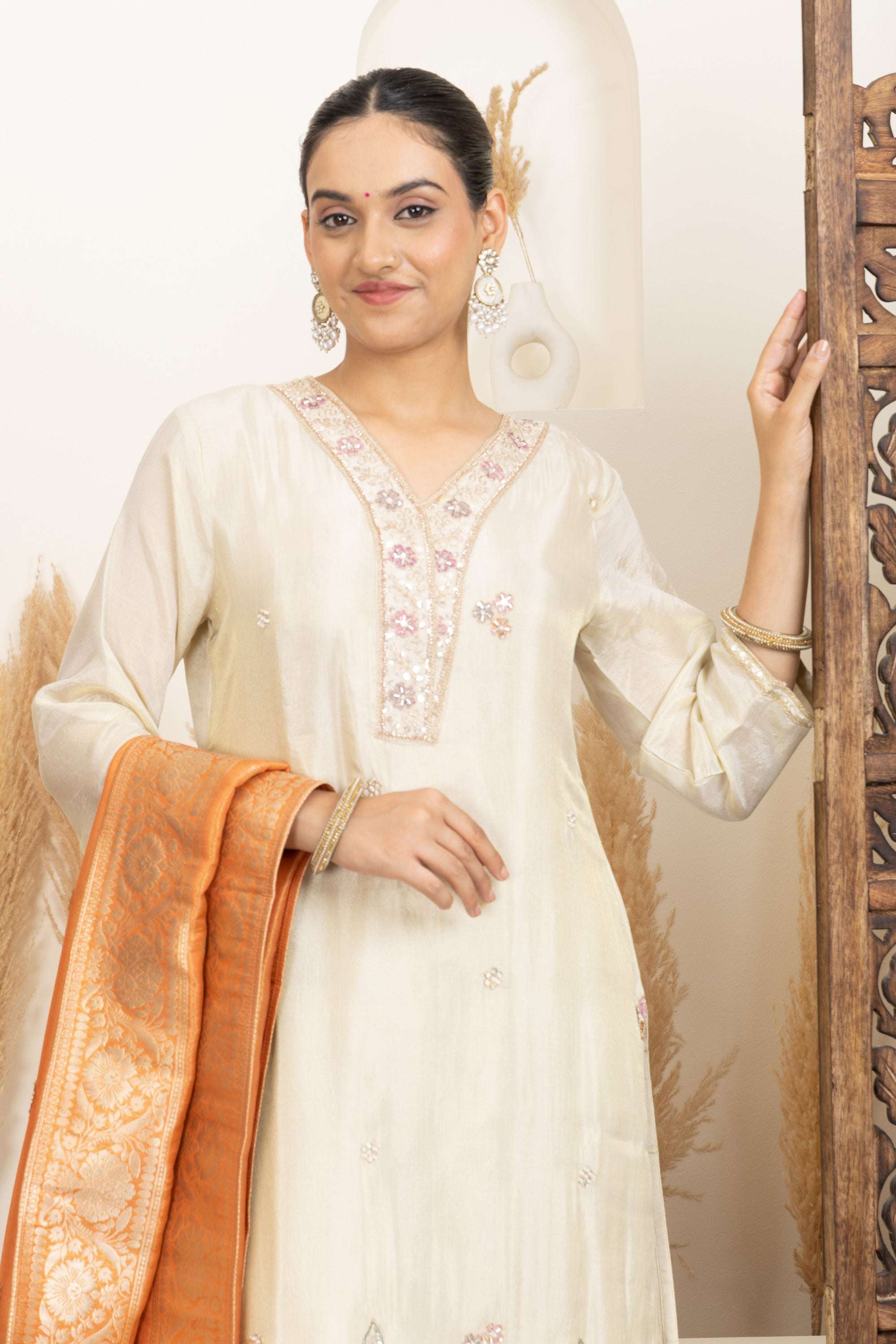 Cream Kurta Set with Statement Orange Banarasi Dupatta
