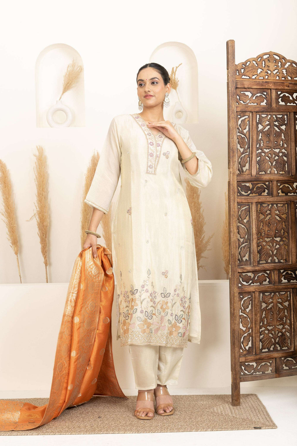 Cream Kurta Set with Statement Orange Banarasi Dupatta