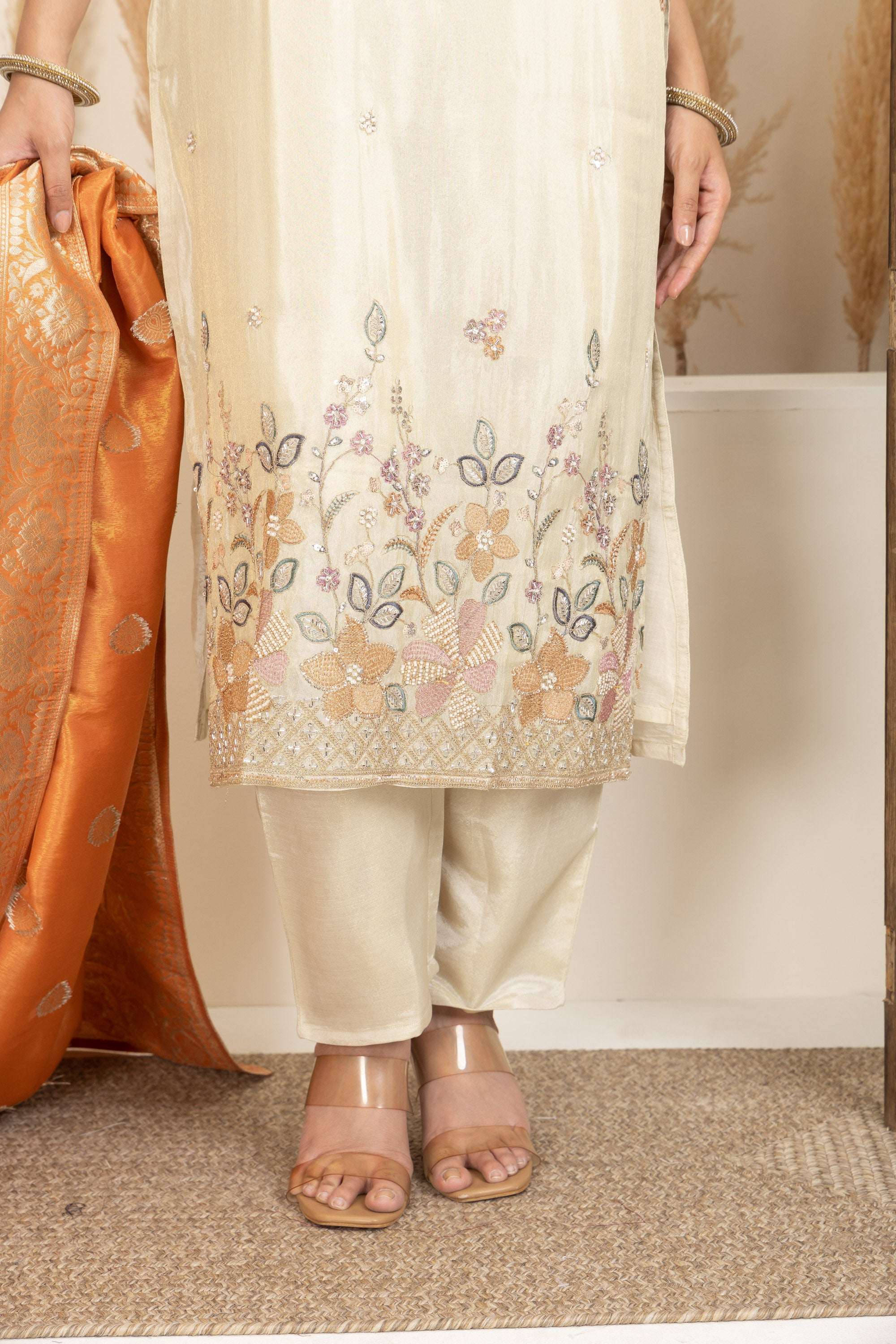Cream Kurta Set with Statement Orange Banarasi Dupatta