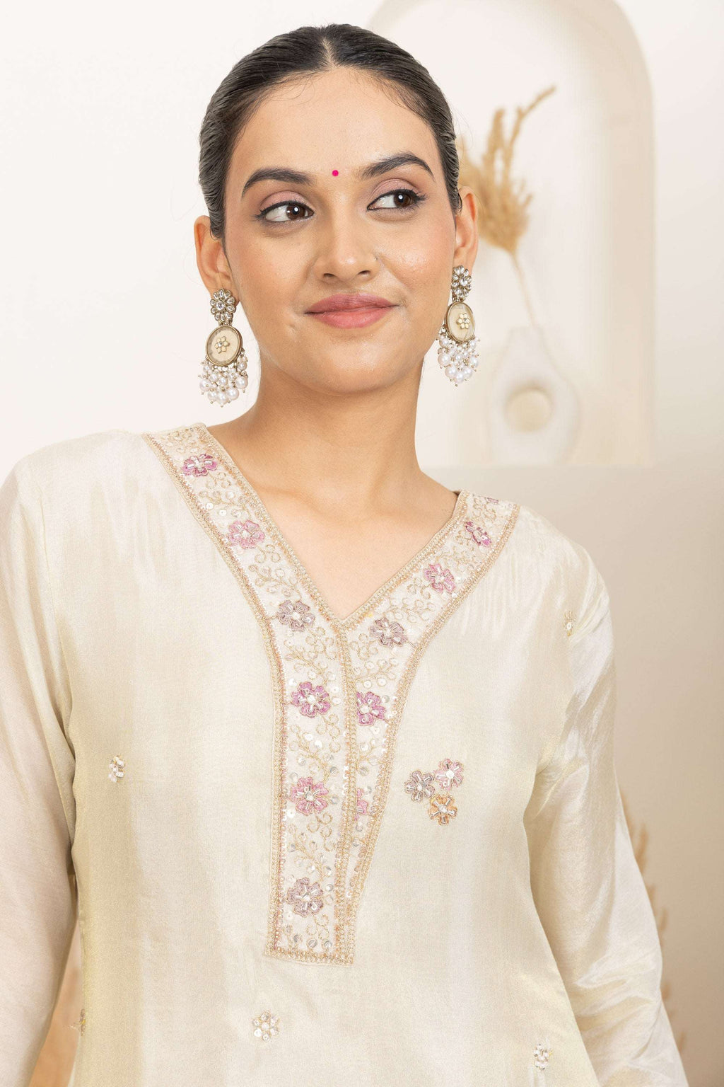 Cream Kurta Set with Statement Orange Banarasi Dupatta