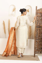 Cream Kurta Set with Statement Orange Banarasi Dupatta