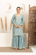 Pastel Mint Suit Set with Gold Embroidery