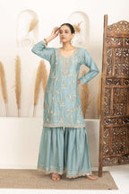 Pastel Mint Suit Set with Gold Embroidery