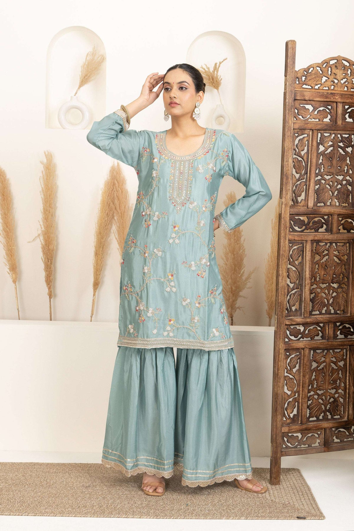 Pastel Mint Suit Set with Gold Embroidery
