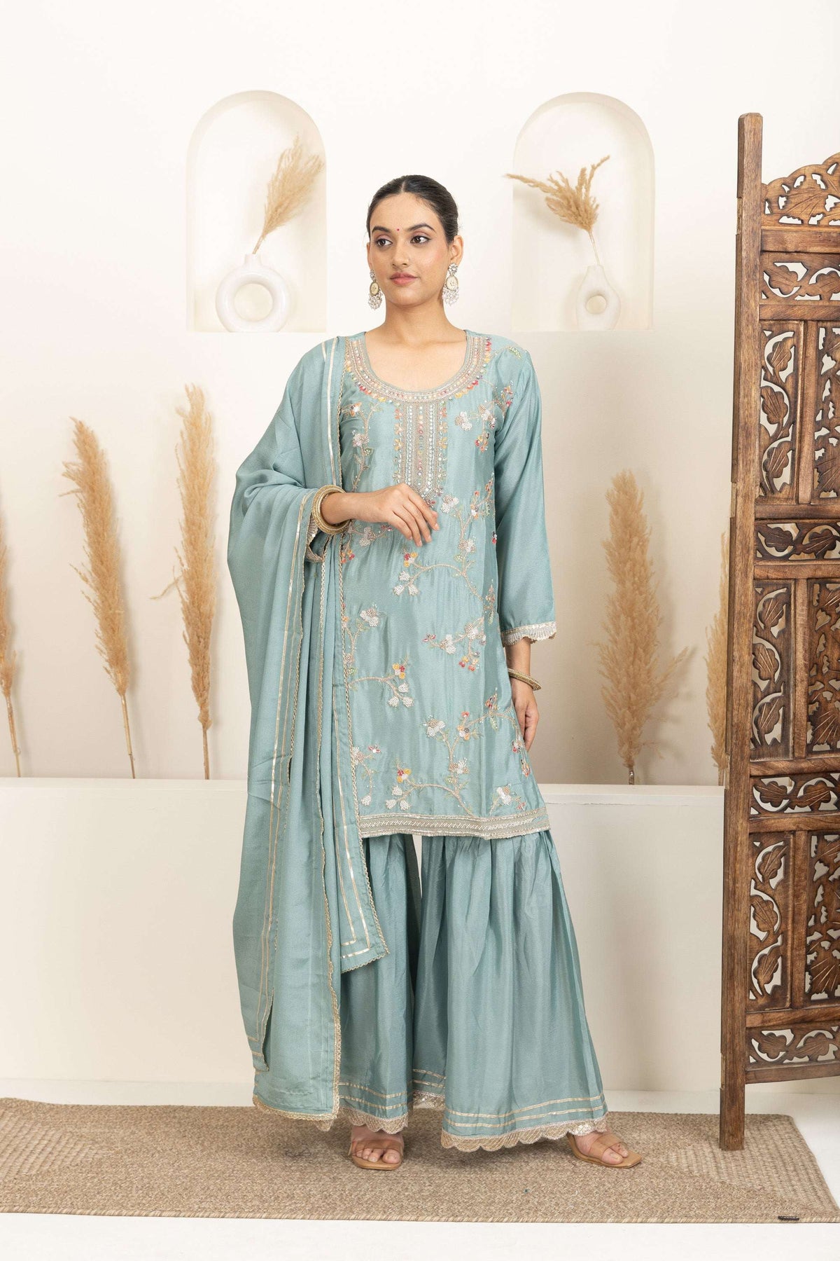 Pastel Mint Suit Set with Gold Embroidery