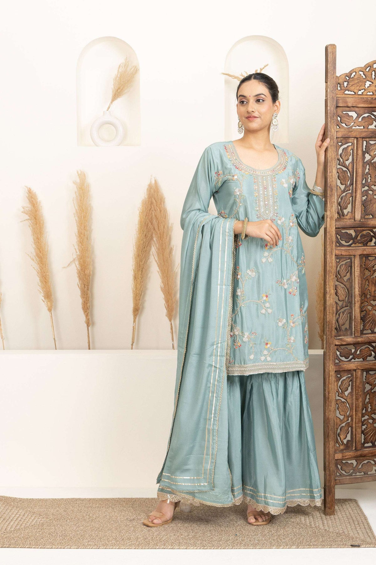 Pastel Mint Suit Set with Gold Embroidery