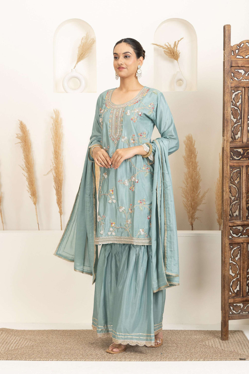 Pastel Mint Suit Set with Gold Embroidery