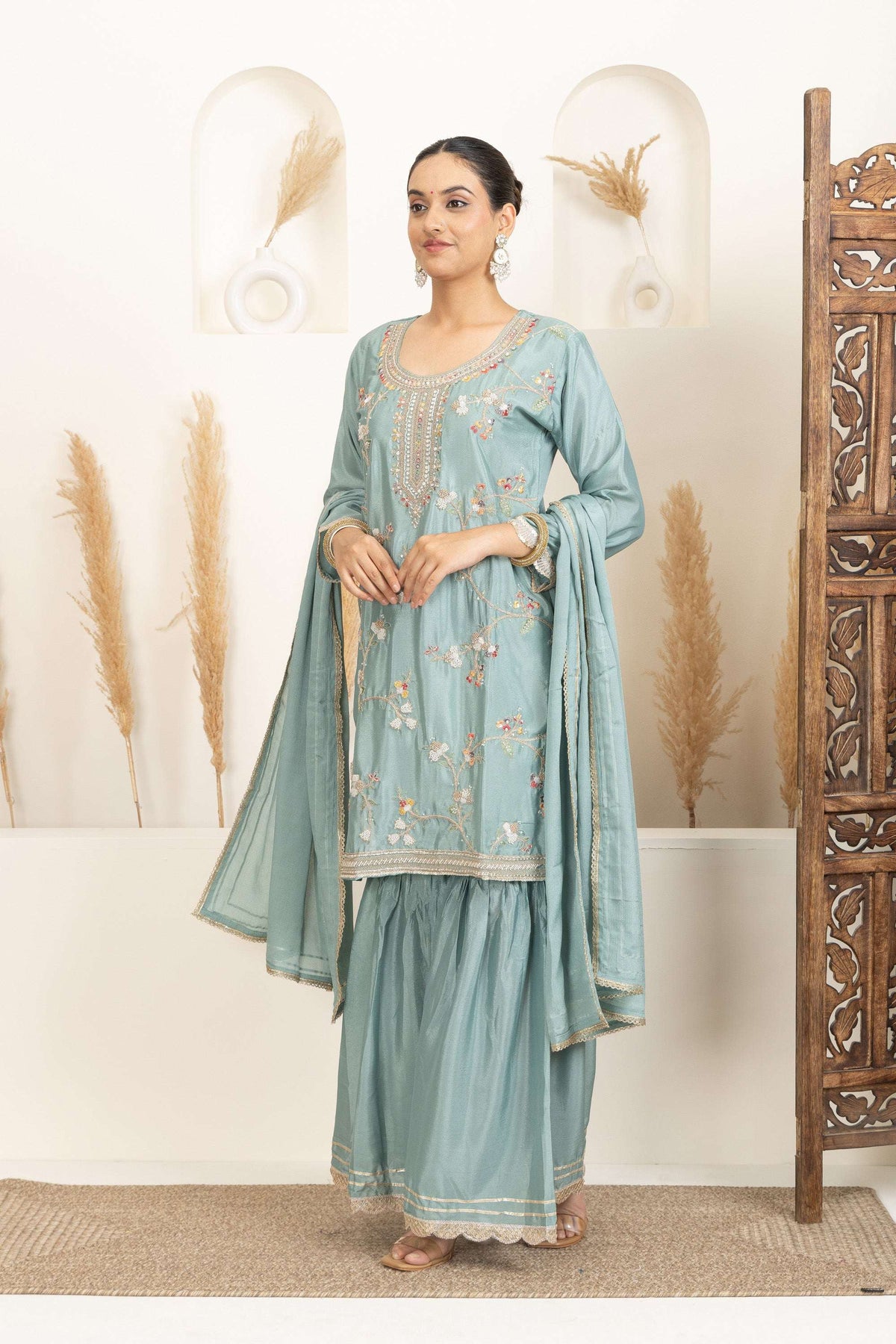 Pastel Mint Suit Set with Gold Embroidery