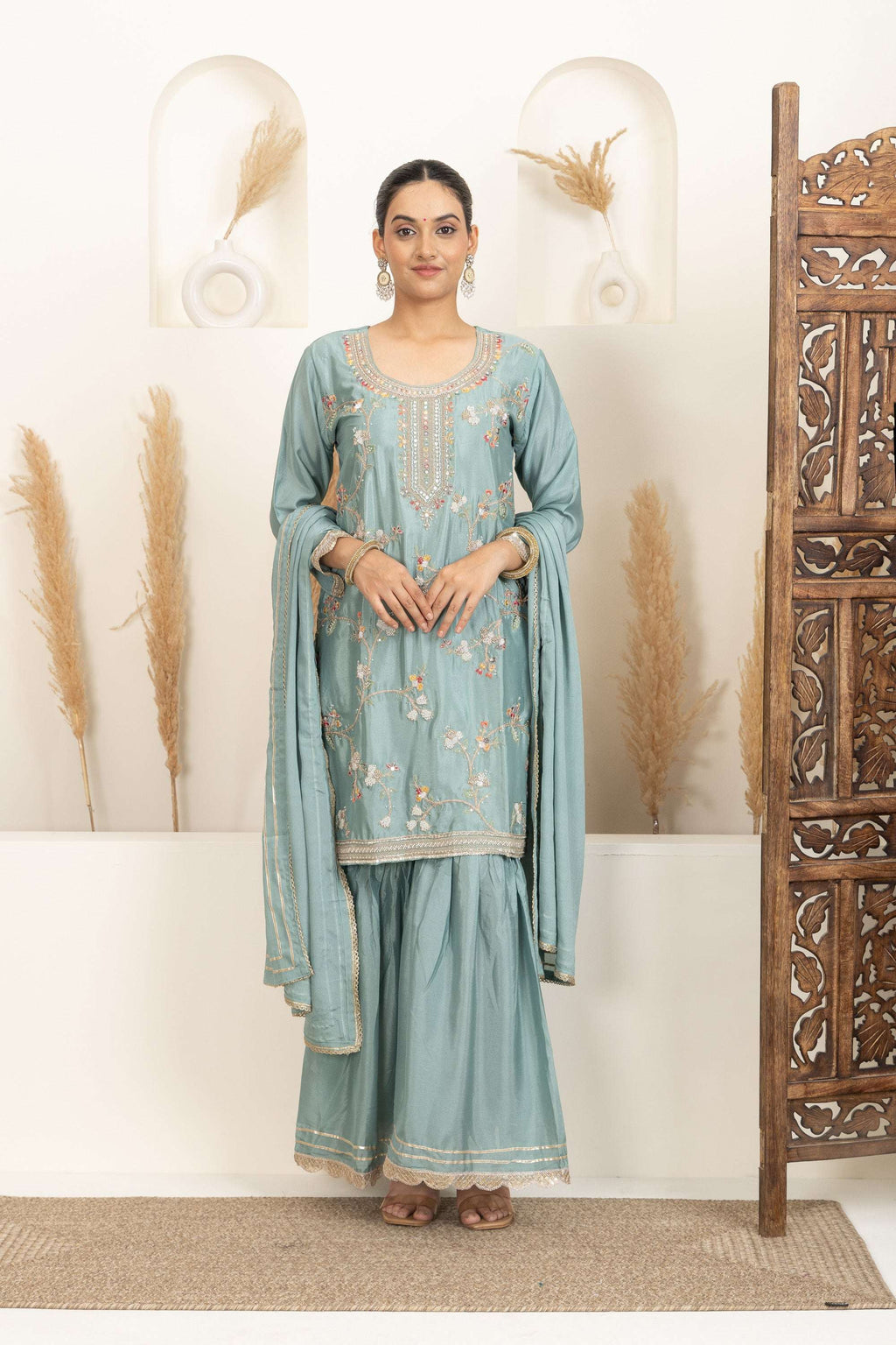 Pastel Mint Suit Set with Gold Embroidery