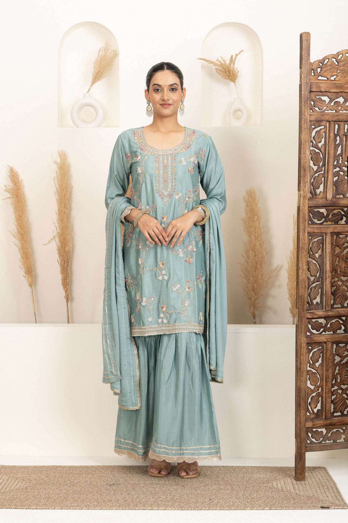 Pastel Mint Suit Set with Gold Embroidery