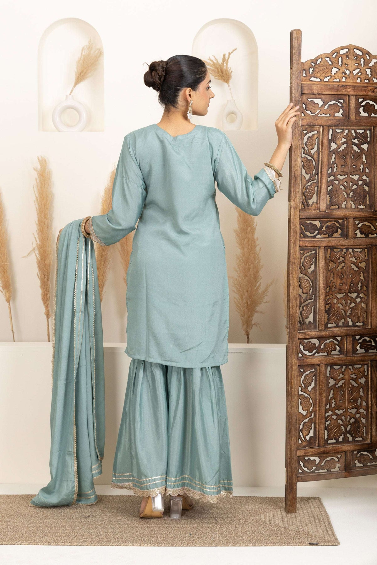 Pastel Mint Suit Set with Gold Embroidery