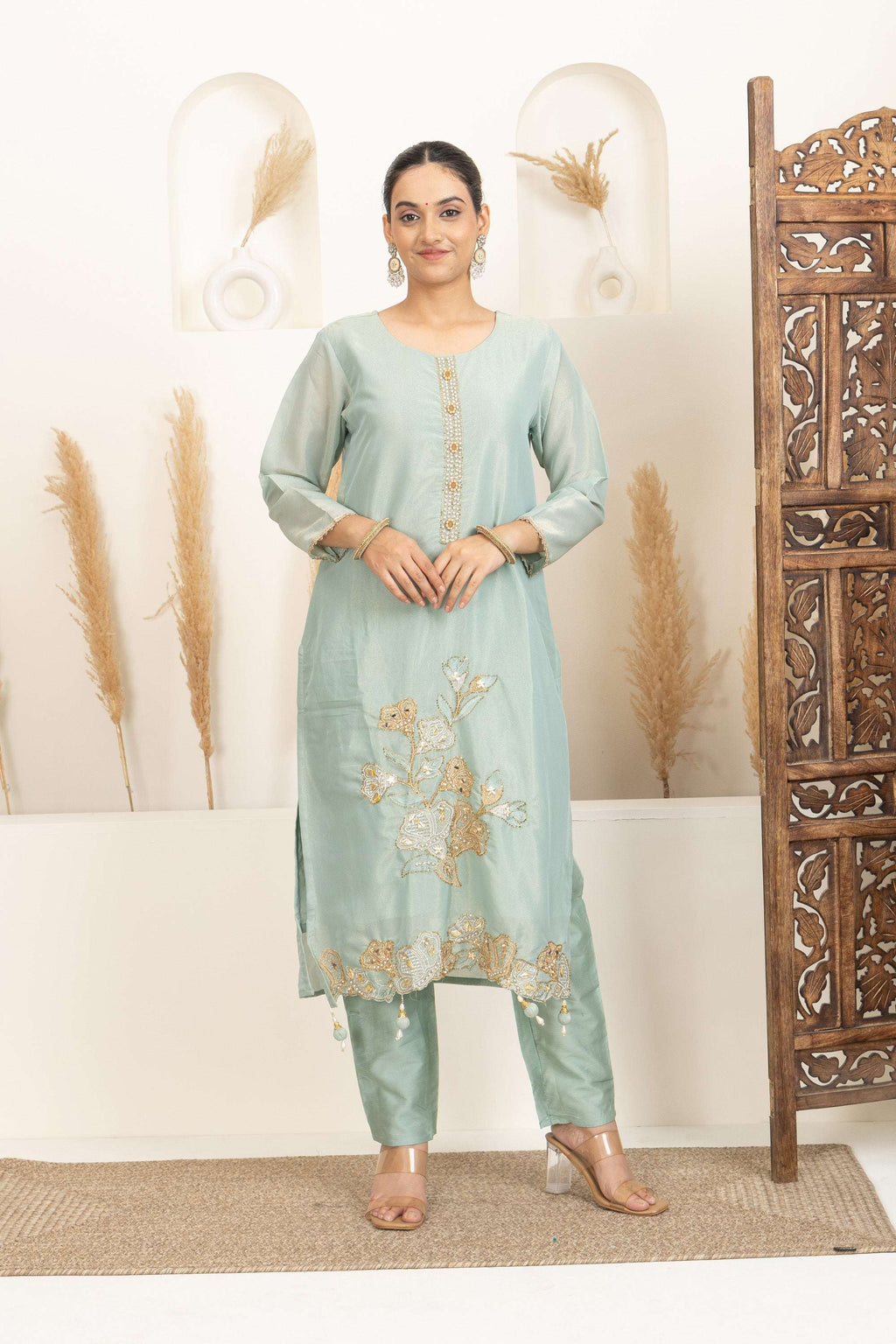 Soft Teal Sharara Set with Delicate Multicolour Embroidery