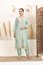 Soft Teal Sharara Set with Delicate Multicolour Embroidery