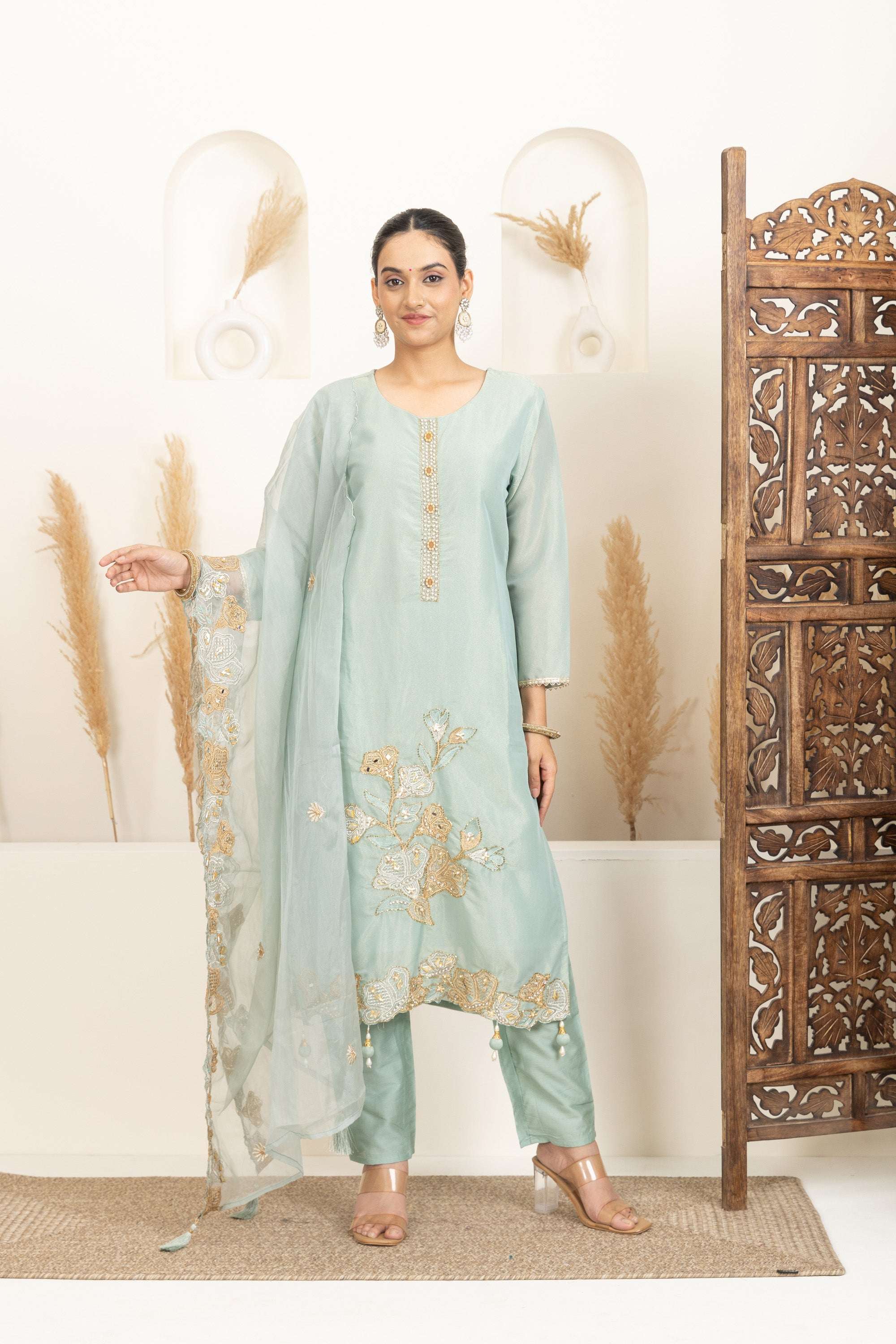Soft Teal Sharara Set with Delicate Multicolour Embroidery