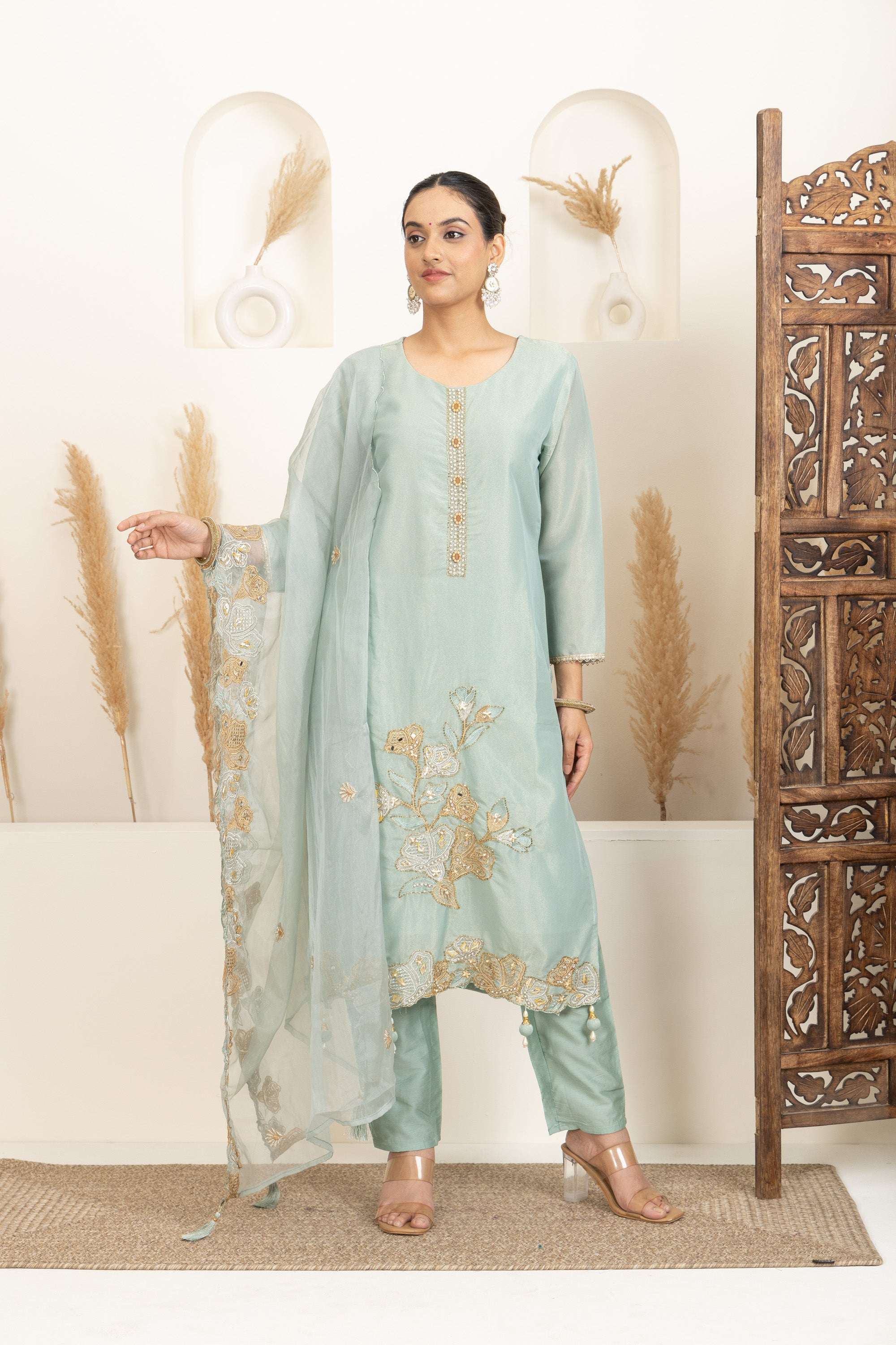 Soft Teal Sharara Set with Delicate Multicolour Embroidery