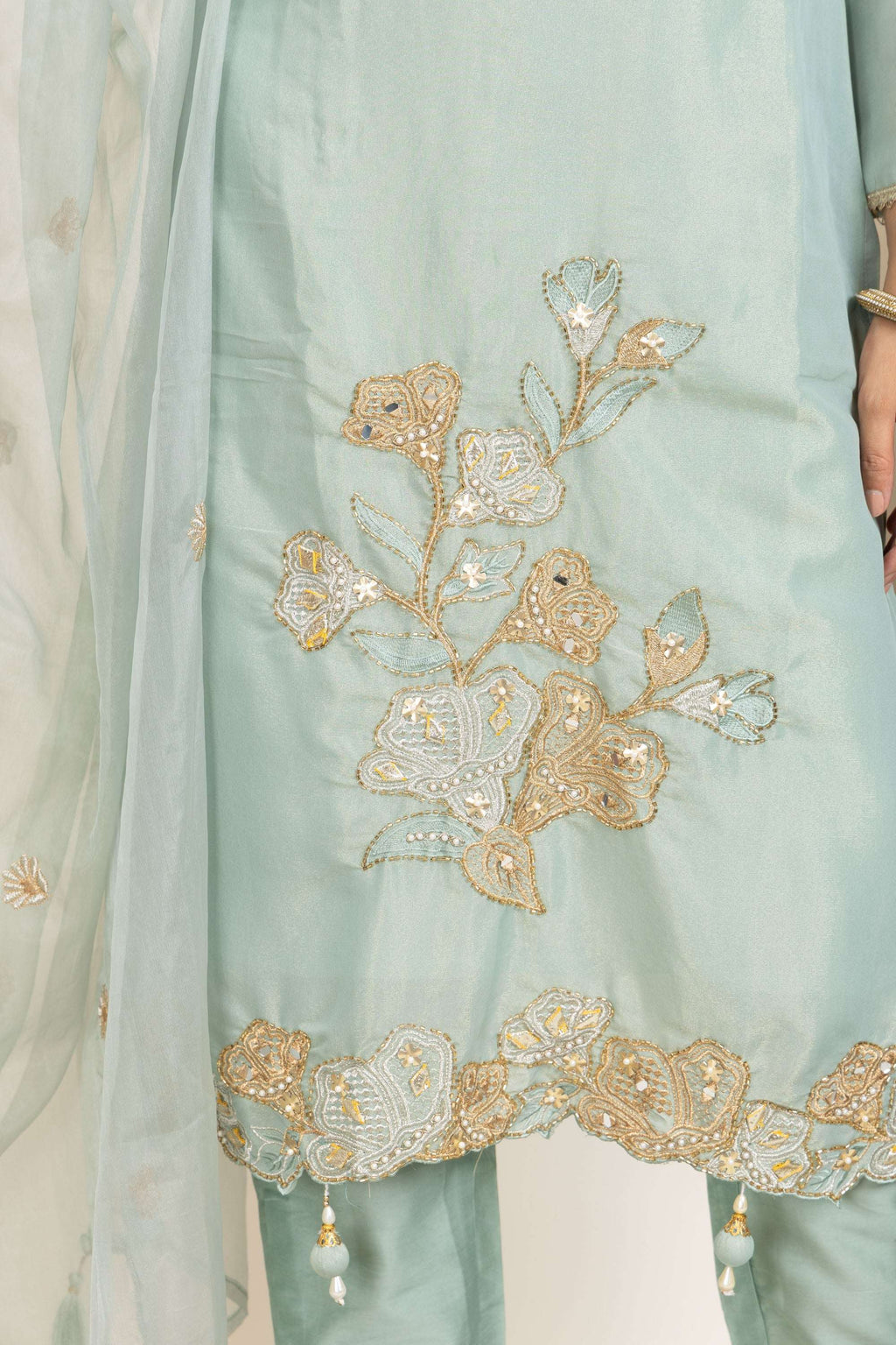 Soft Teal Sharara Set with Delicate Multicolour Embroidery